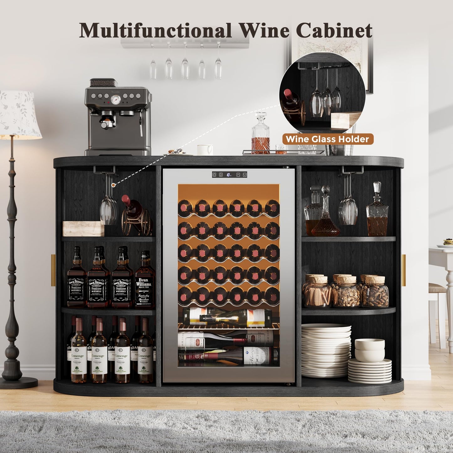 Jocoevol 53" Fluted Wine Bar Cabinet with Sliding Doors, Coffee Bar Cabinet with Charging Station & Glass Holder, Modern Liquor Whiskey Buffet Sideboard for Dining Room, Living Room, Kitchen (Black)