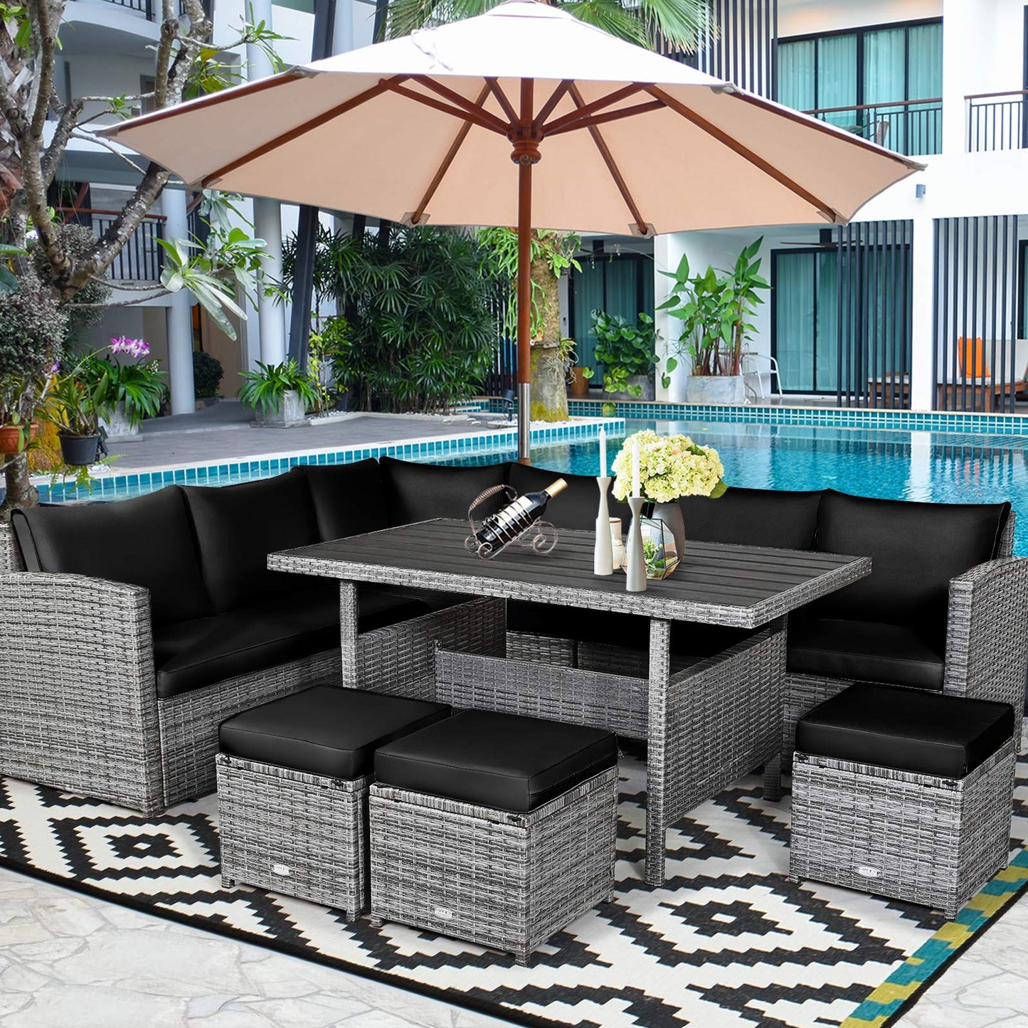 Tangkula 7 Pieces Patio Furniture Set, Outdoor Sectional Rattan Sofa Set with Cushions, All Weather Wicker Conversation Couch Set w/Dining Table & Ottomans for Backyard Garden Poolside (Black)