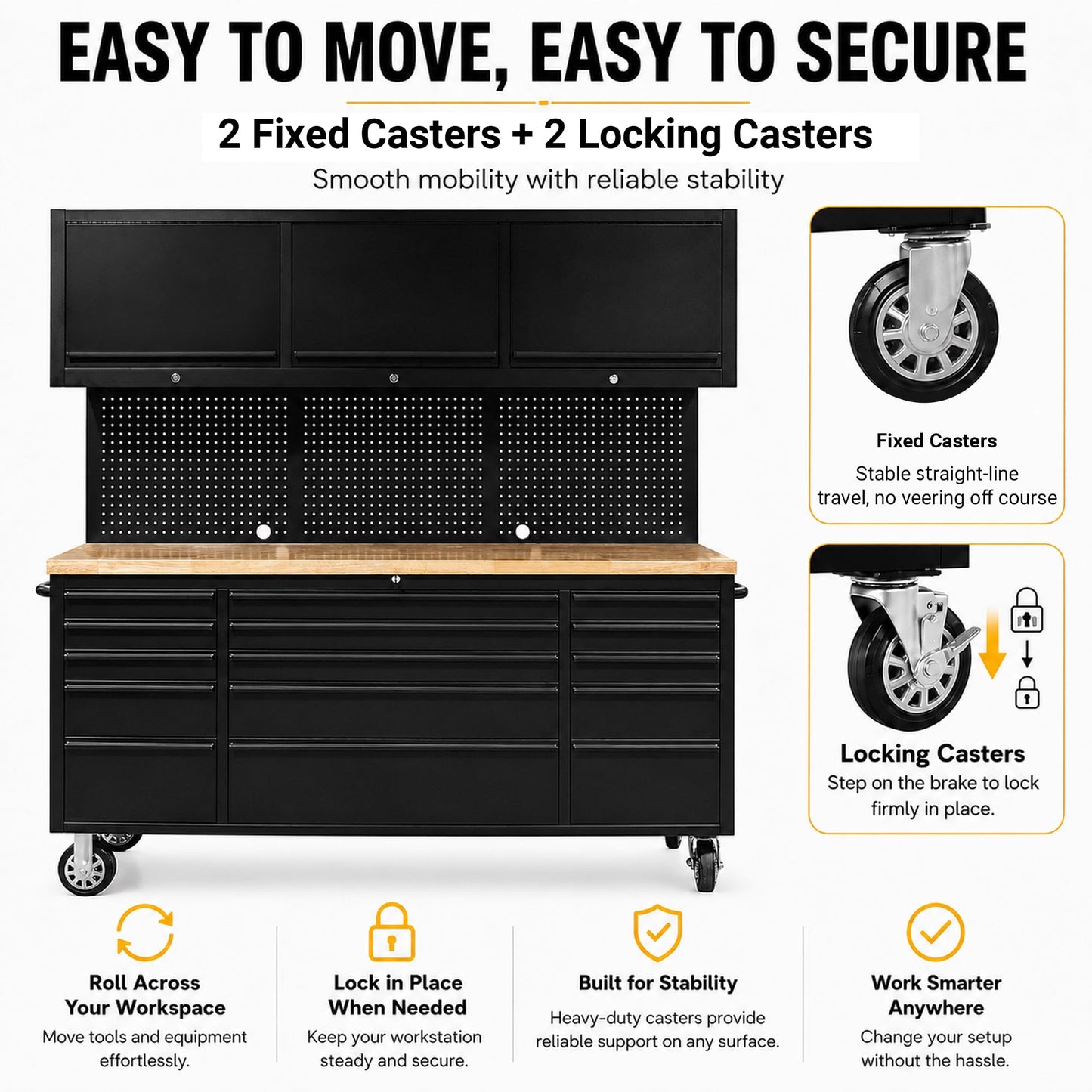 CHETTO C 72 inch Tool Chest Tool Box Mobile 15 Drawers Storage 3 Upper Cabinets SS-Pegboard Rolling Cabinet with Wheels Lock Key Locking System Drawer Liners for Garage Warehouse Repair Shop Black