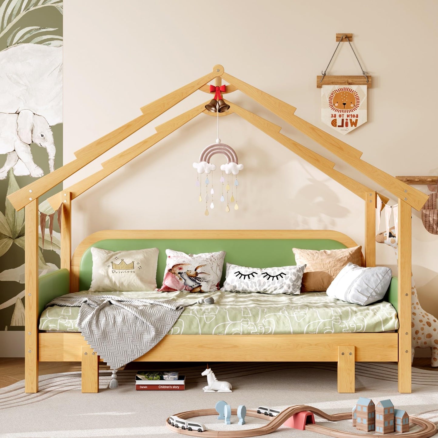 KEIKI Treehouse Extending Twin Size Bed Frames with Cushion Rails & Trundle, Upholstered Montessori Twin Daybed Bed Captain Platform for Kids Girls Boys Teens, No Box Spring Needed, Pine Solid Wood