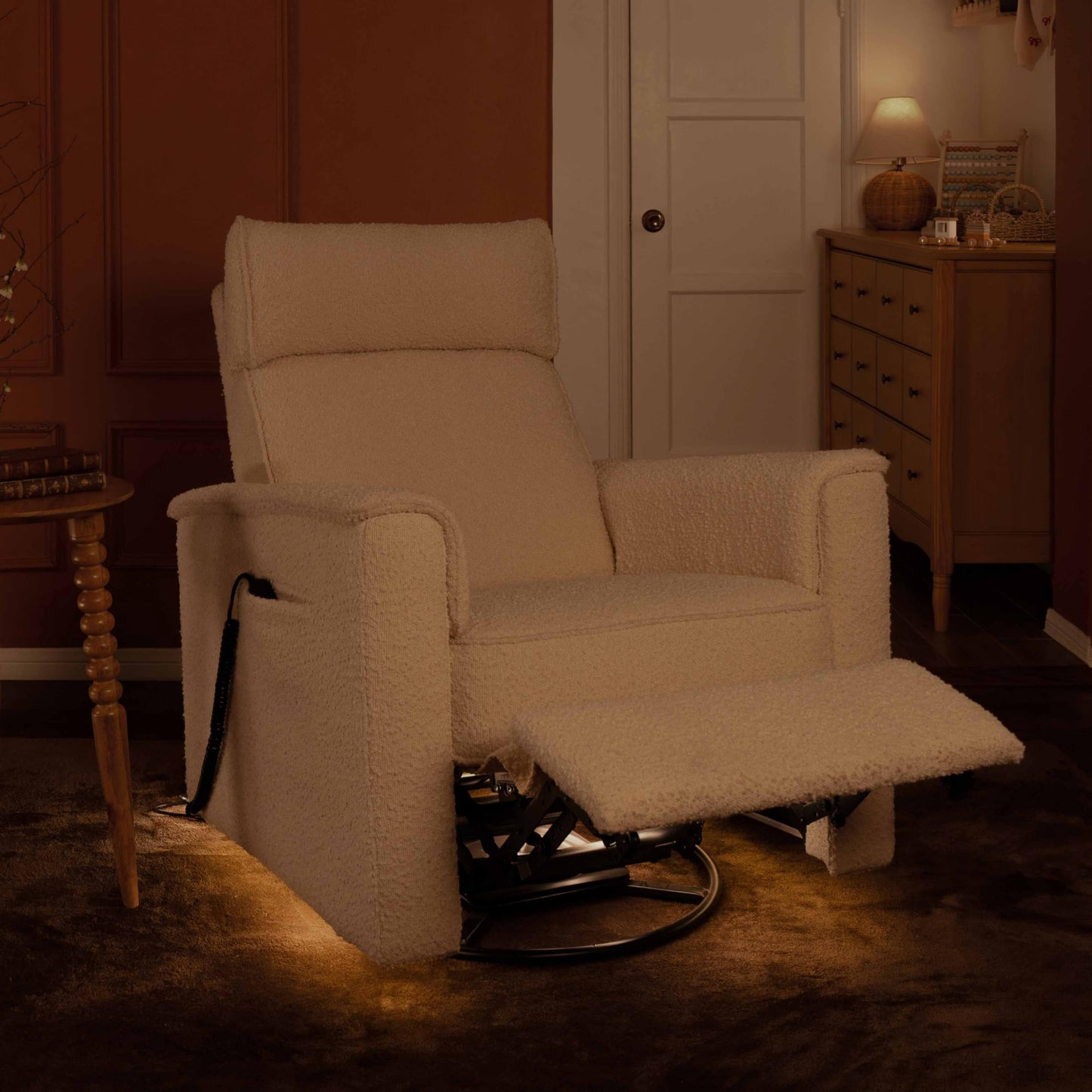 Namesake Willa Deluxe Power Recliner & Swivel Glider with Heat & Massage in Performance Ivory Boucle, Built-in USB Charging Port, Adjustable Headrest | Greenguard Gold & CertiPUR-US® Certified