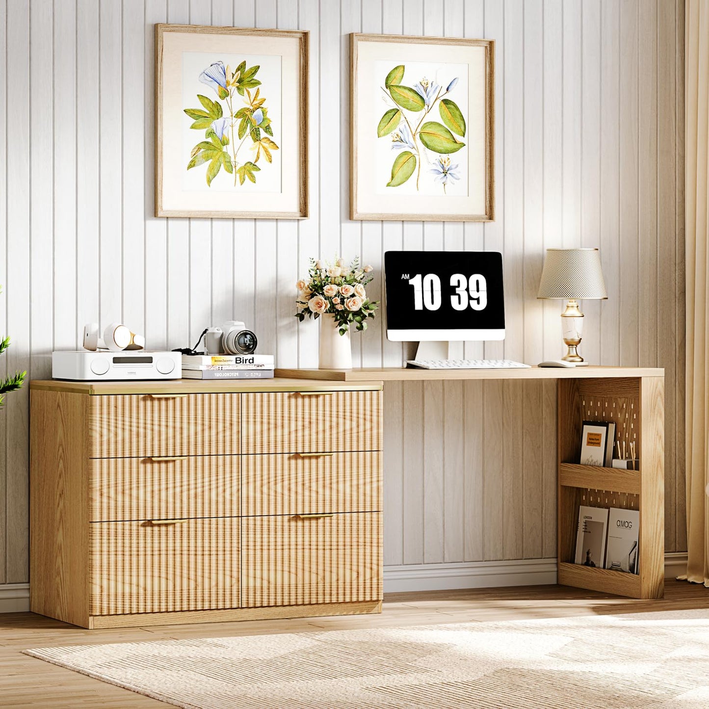 Ieejdn L Shaped Expandable Desk,47" Home Office Desks, Executive, Farmhouse Computer Desk with 6 Drawers File Drawer, Rustic Computer Writing, Oak