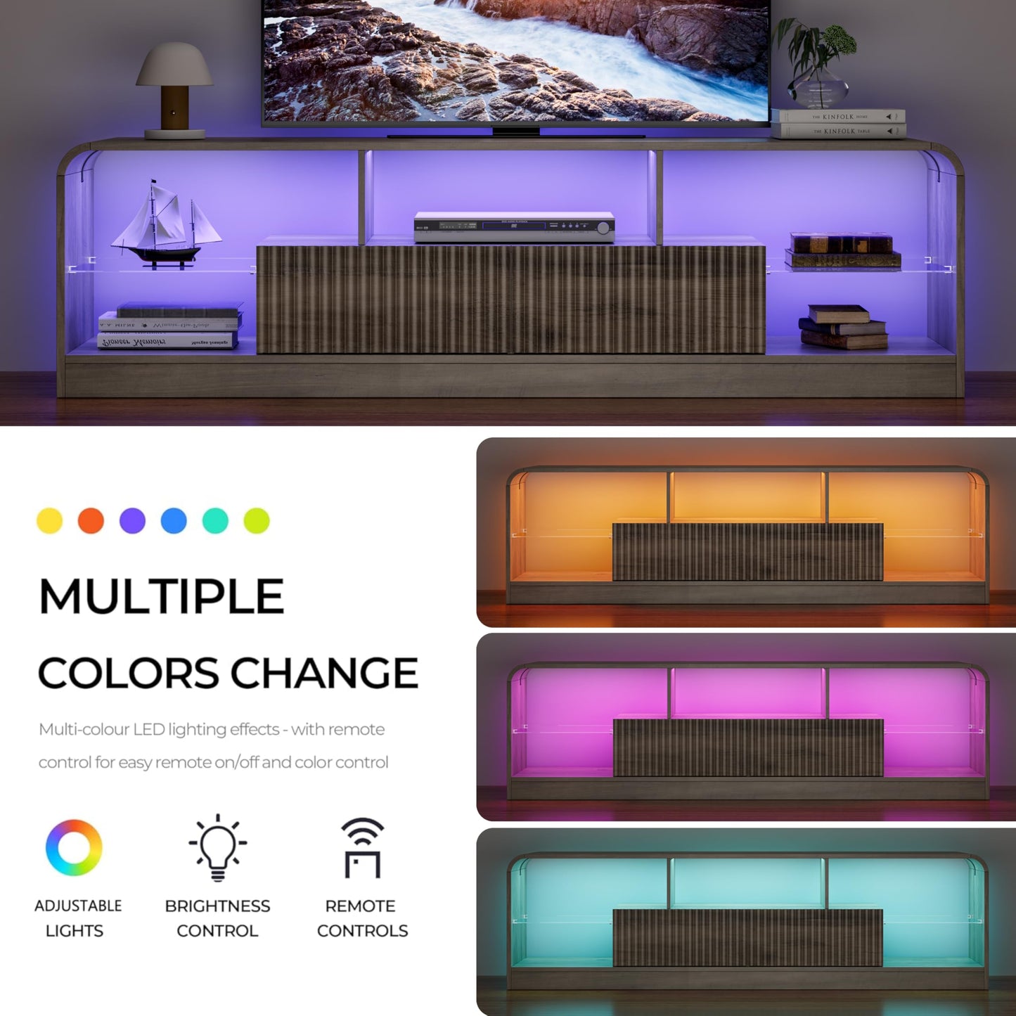 ANYMAPLE TV Stand for 60/65/70 Inch TVs, Modern Curved TV Console with LED Lights, 2 Drawers & Glass Shelves, Living Room Entertainment Center