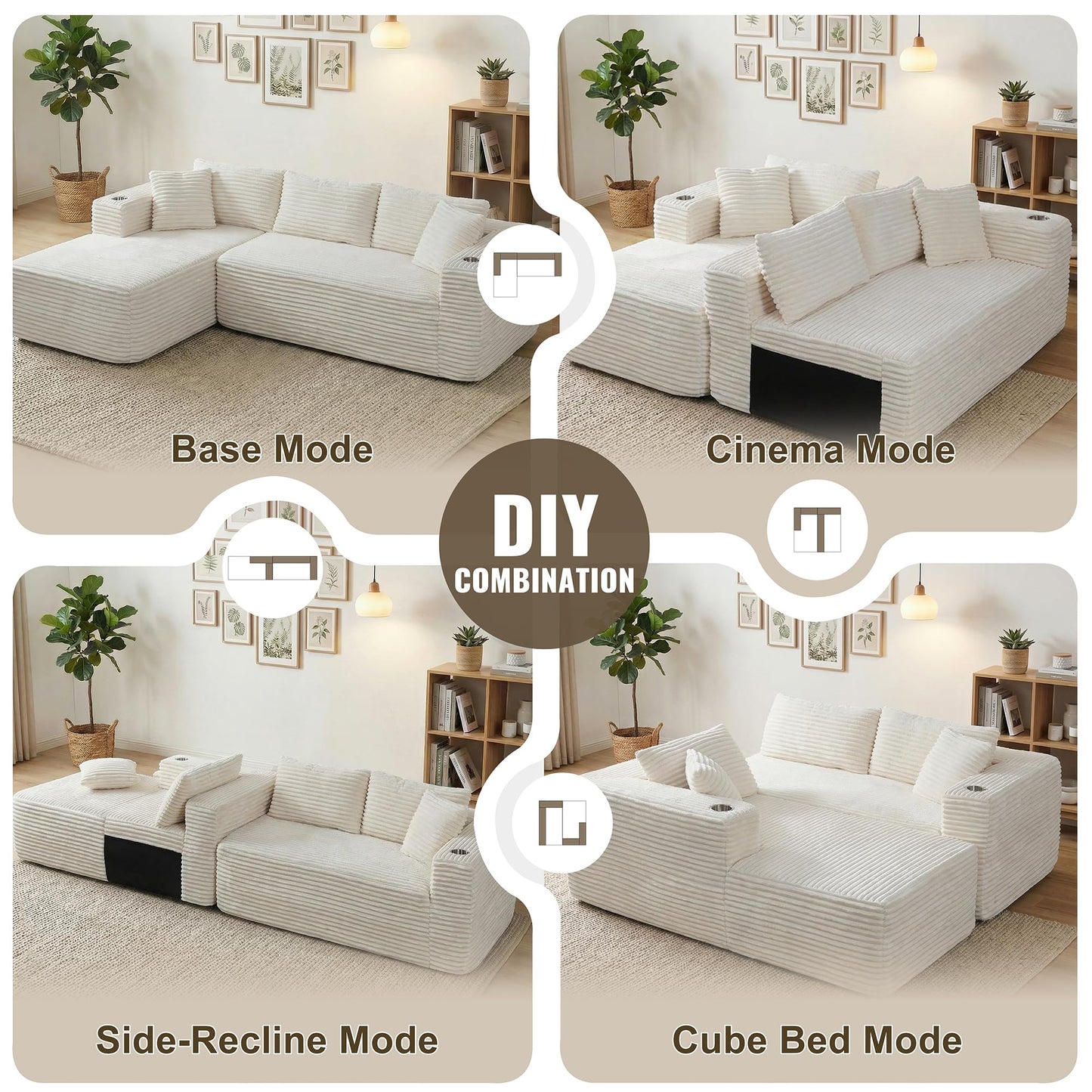 Shintenchi Boneless Couches for Living Room with 2 Cup Holders,L Shaped Modular Sectional Sofa Set,No Assembly Needed Plush Corduroy Living Room Set,Beige