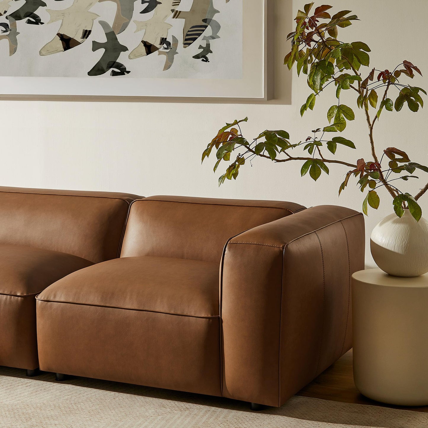 Modway Auren Vegan Leather 4 Piece Modular Sofa in Coffee - Faux Leather 3 Seater Sectional - Comfy Modern PU Leather Sofa with Ottoman - Oversized Mid Century Modern Couch for Living Room