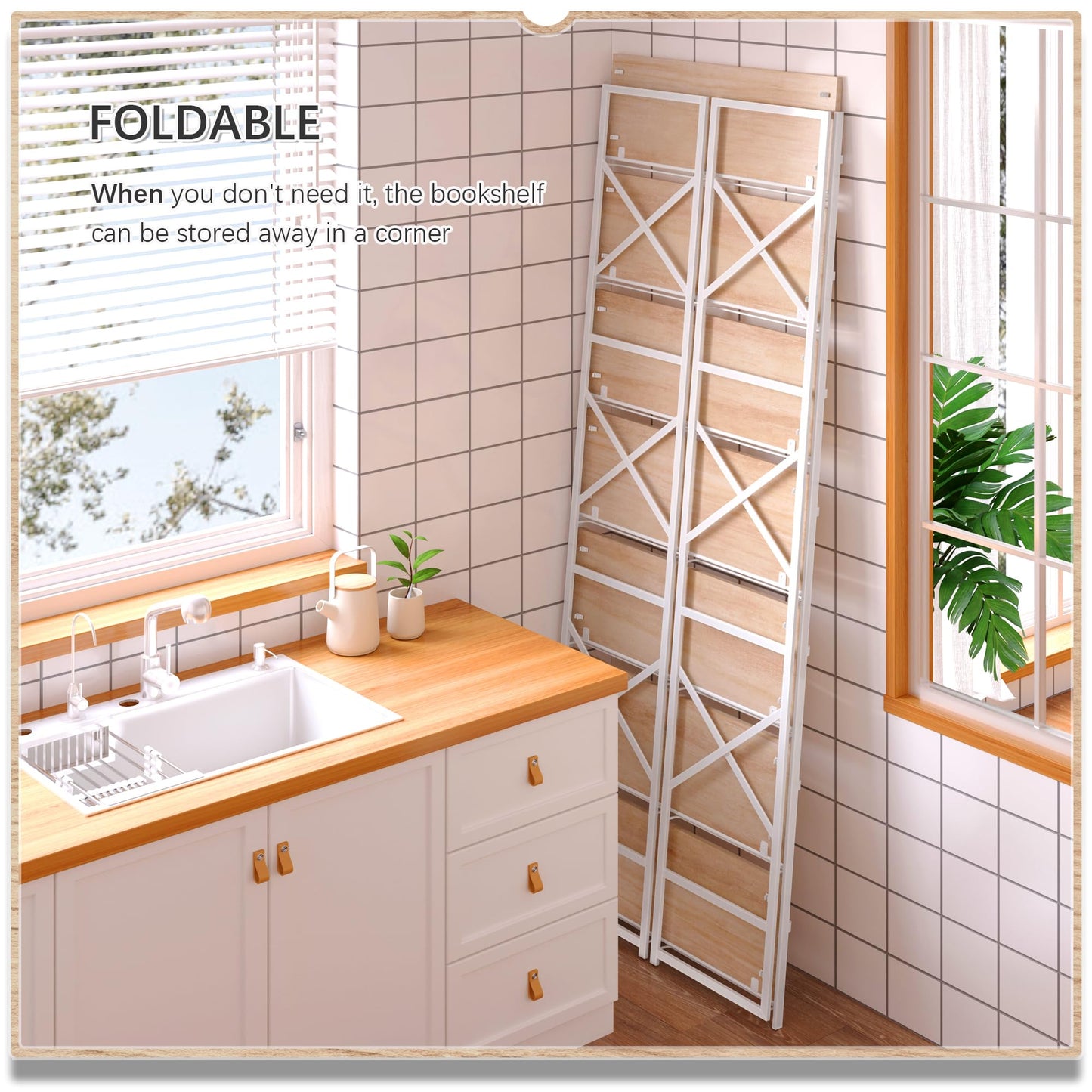 4NM 7 Tiers No Assembly Book Shelves, 72.4" H Folding Bookshelf Bookcase Open Industrial Foldable Shelves for Bedroom, Living Room, Home Office - Natural White