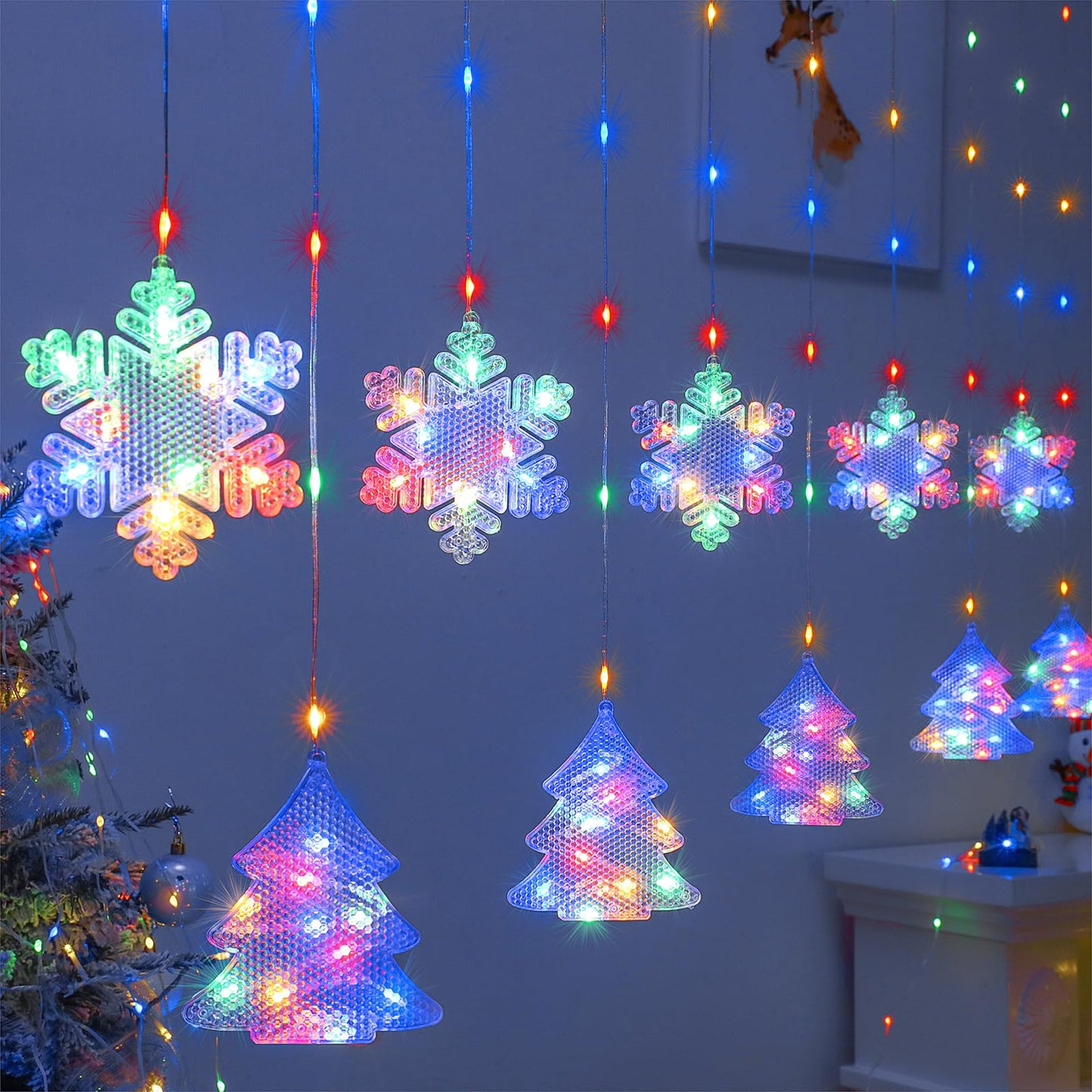 BLOOMWIN Christmas Window Lights - 2M 160 LED Snowflake Hanging Fairy String Lights, Multicolor, Model XY-022