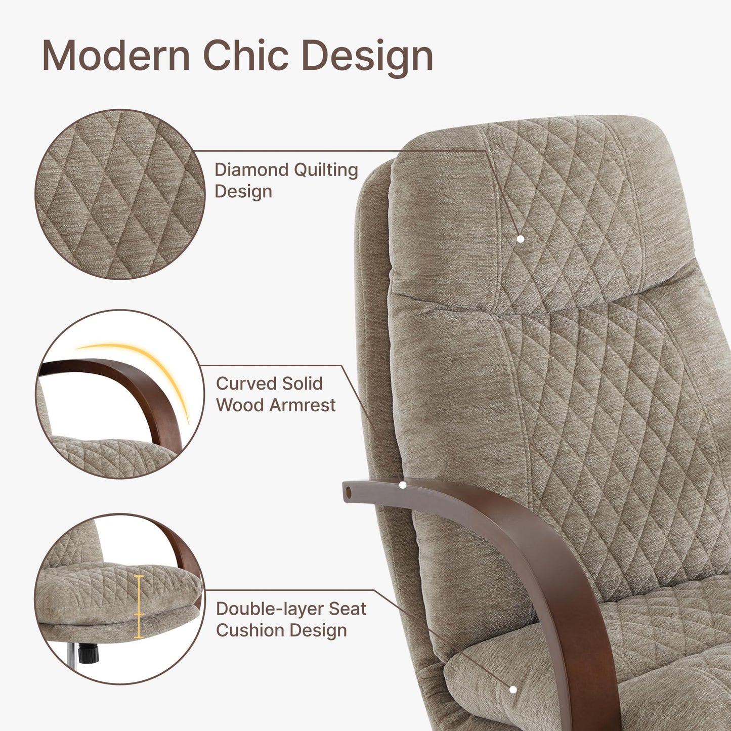 KISLOT Home Office Desk Chair, Ergonomic Office Chair with Lumbar Support, Adjustable Swivel Computer Chair with Wheels, Fabric Executive Task Chair with Wood Arms, Khaki