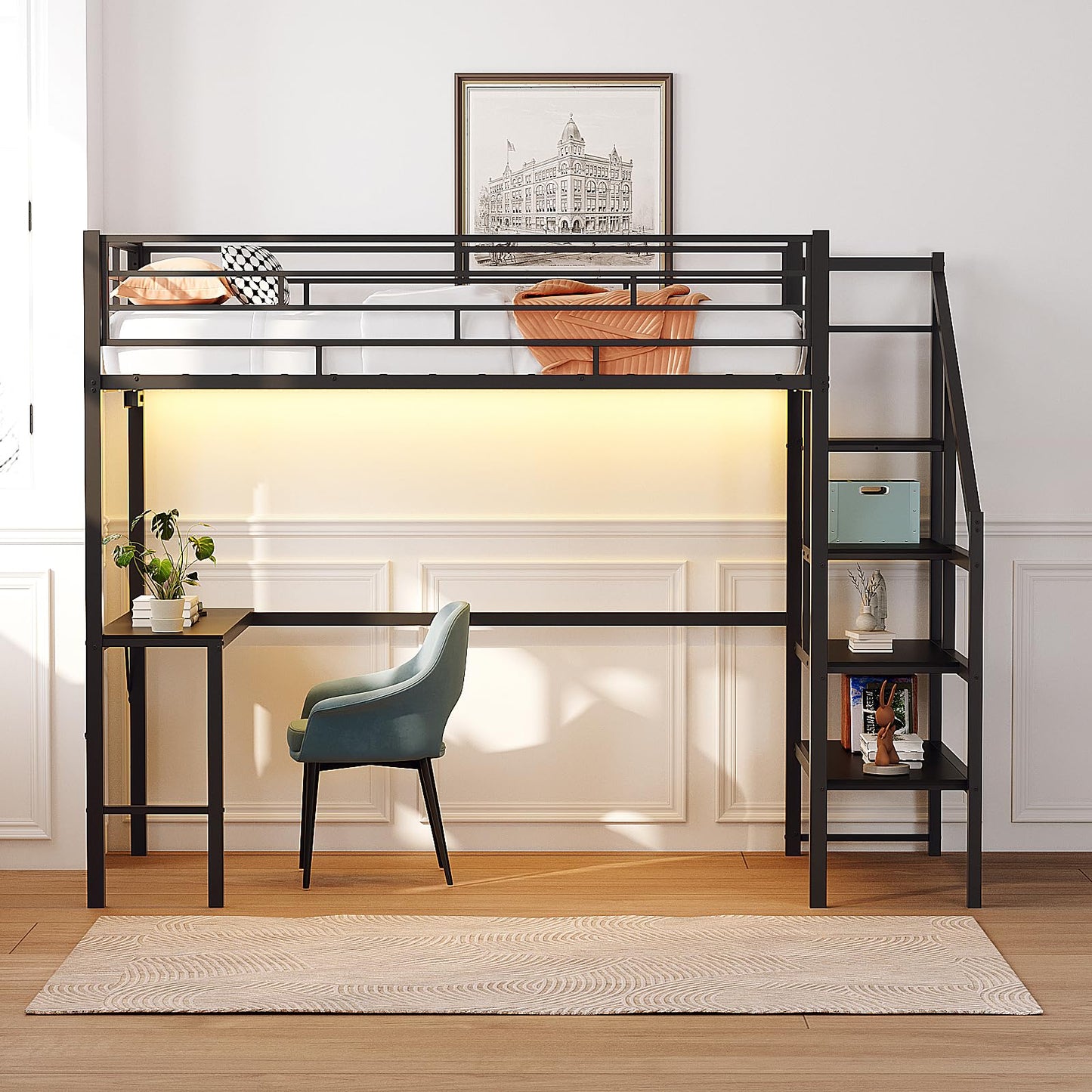 VINGLI Twin Loft Bed with Desk,15‘’ Extra High Safety Guardrail with 2 Charging Station,Heavy Duty Metal Loft Bed Frame with Staircase,LED Light, Kids/Teens/Adults,Black