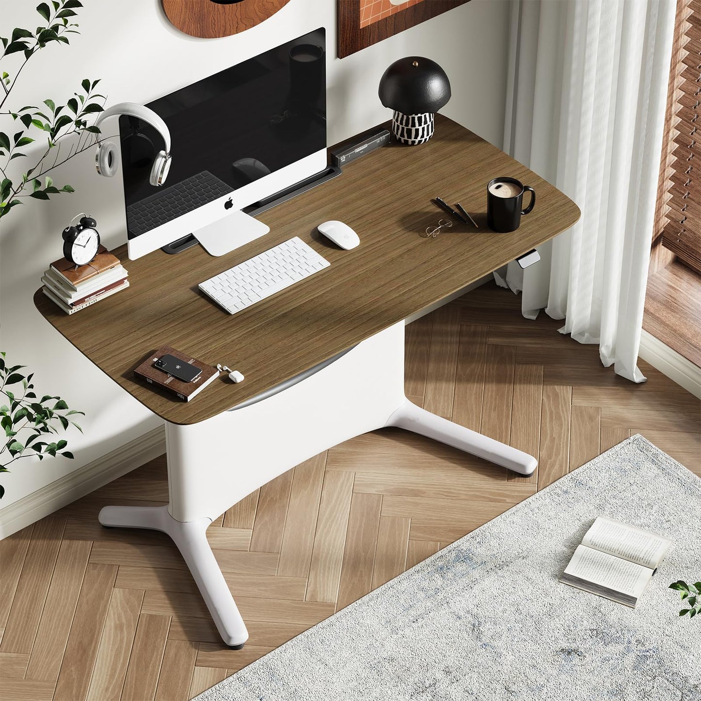 COLAMY Electric Adjustable Standing Desk – 48 x 28 Inch Sit Stand Desk with Drawer & Cable Management, Dual Motor Lift System, Ergonomic Footrest, Home Office Table (Veneer Desktop, Walnut + White)