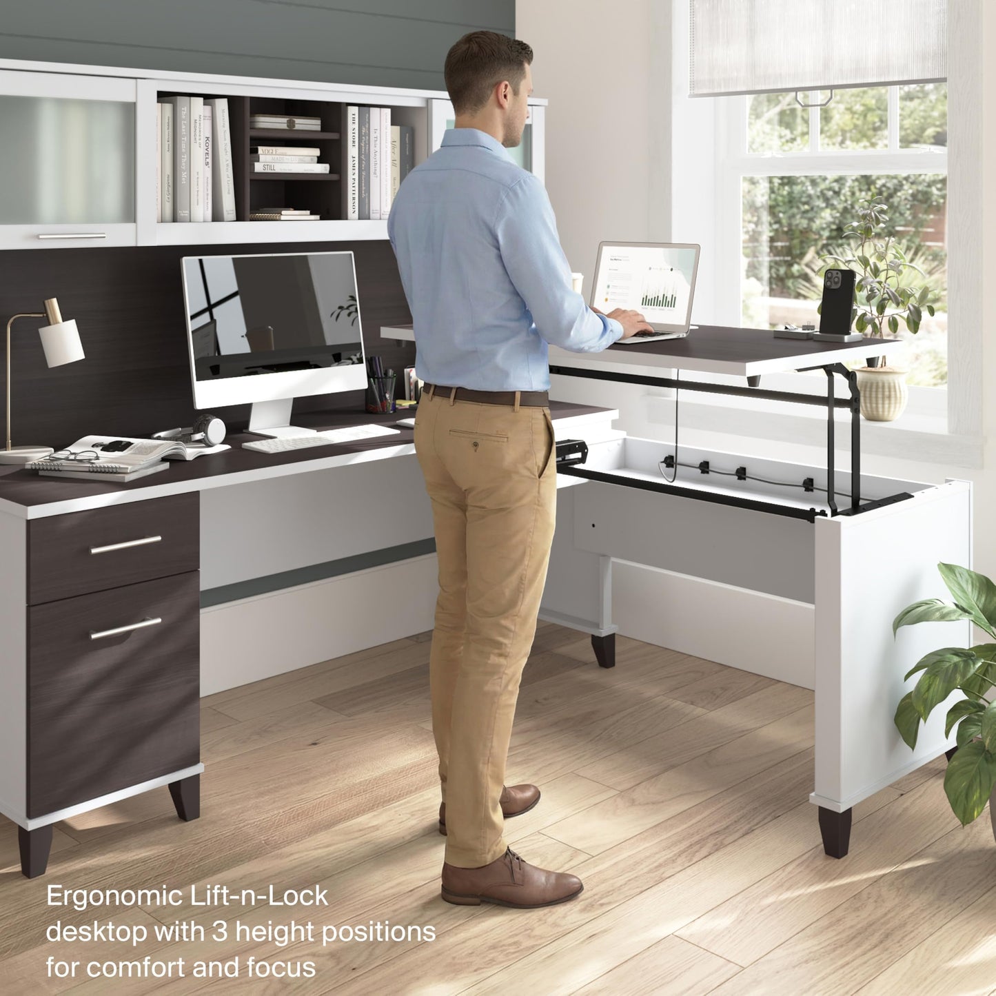Bush Home 72-Inch L-Shaped Sit to Stand Desk with Hutch, Adjustable Height Standing Corner Computer Desk with Drawers, Shelves, Storage Cabinet, Home Office, Somerset Collection, Storm Gray and White