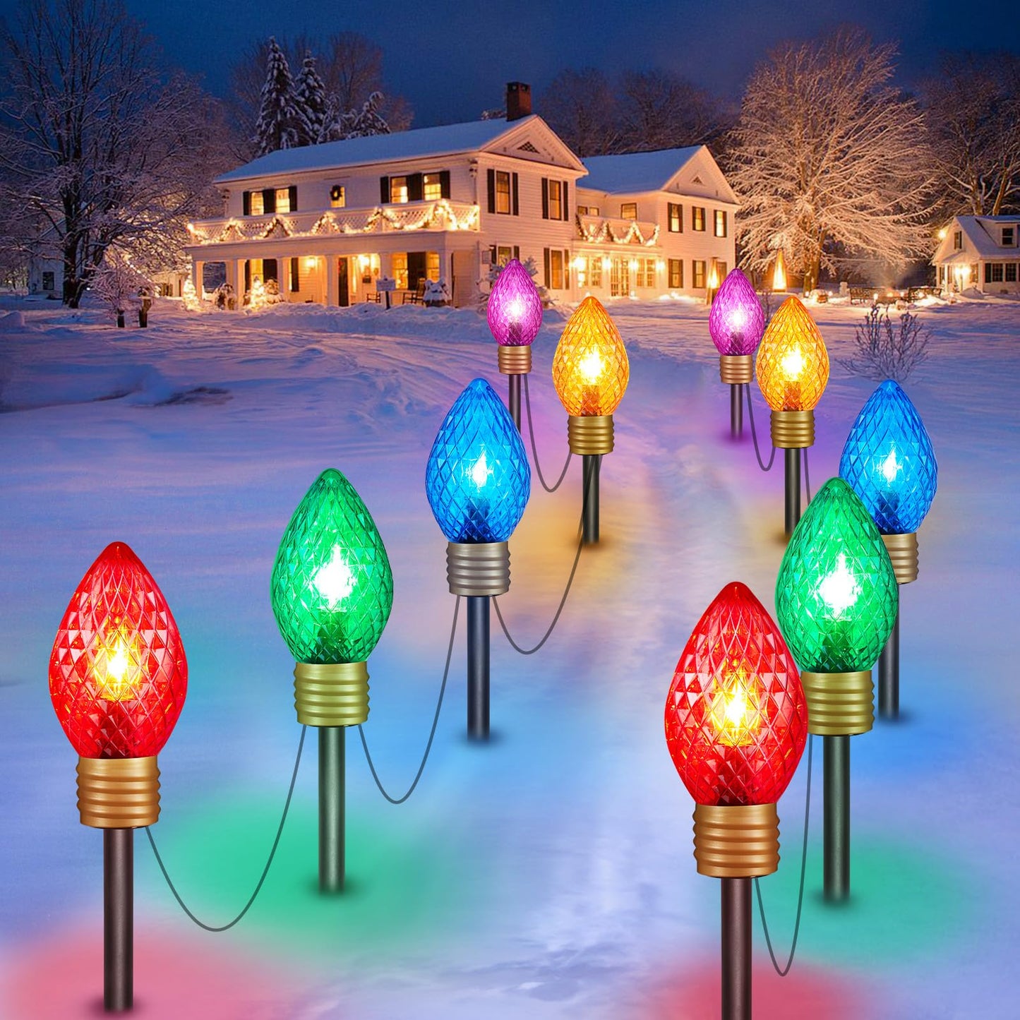 Minetom C9 Christmas Pathway Lights - 2 Pack Jumbo Multicolor, 10.5 Feet, Plastic, Model GY-C-50.6-U-B1