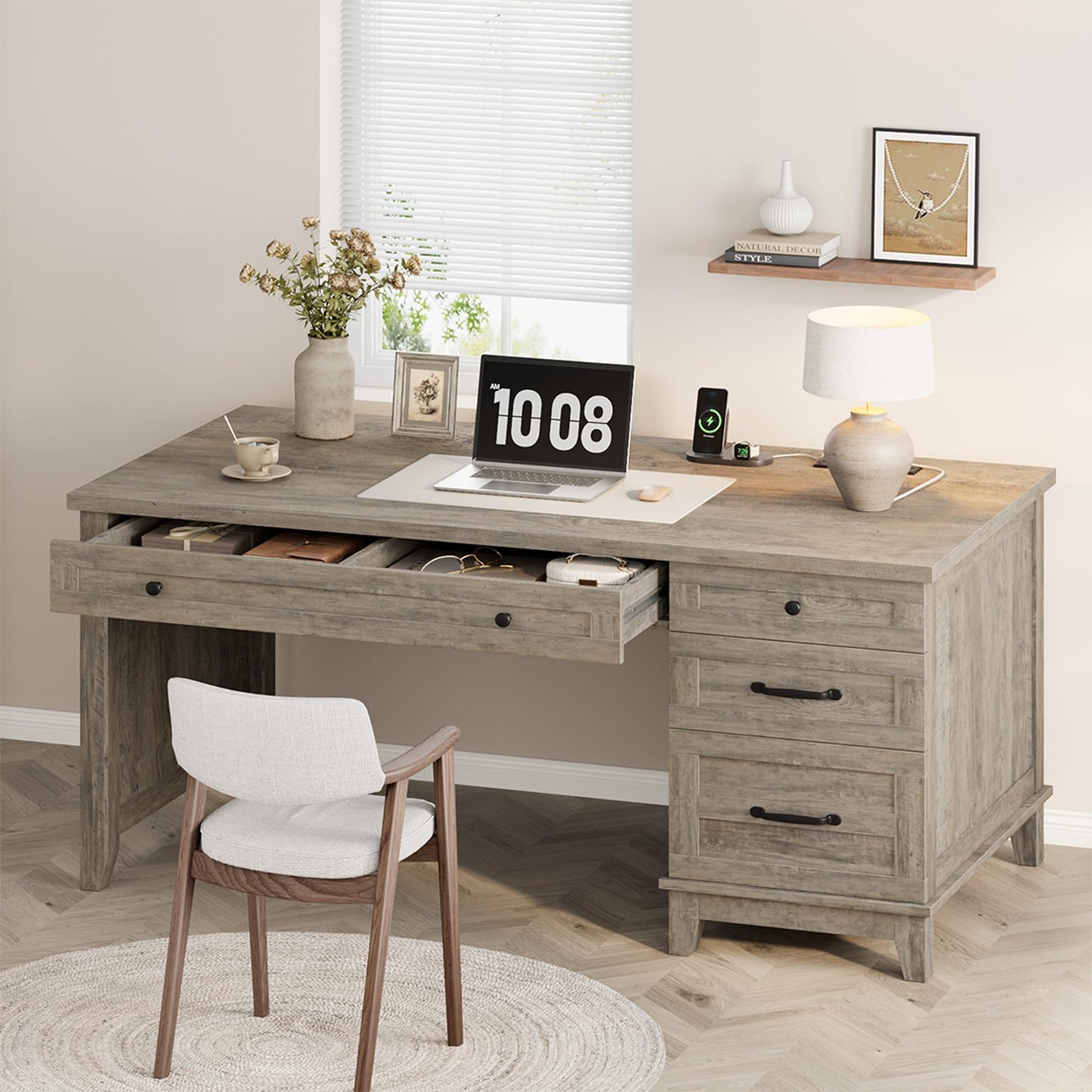 GAOMON 54.5in Wooden Executive Desk with Drawers, Office Desk Computer Table with Charging Station, Farmhouse Home Office Desk with File Cabinet Storage, for Study and Home Office, Rustic Gray