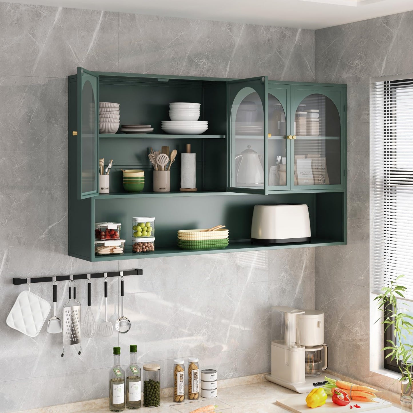 KEIKI 47" Wall Sideboard Buffet Storage Medicine Cabinet with 4 Glass Doors & Shelves, Modern Metal Credenza for Kitchen, Dining, Living Room, Coffee Bar, Entryway