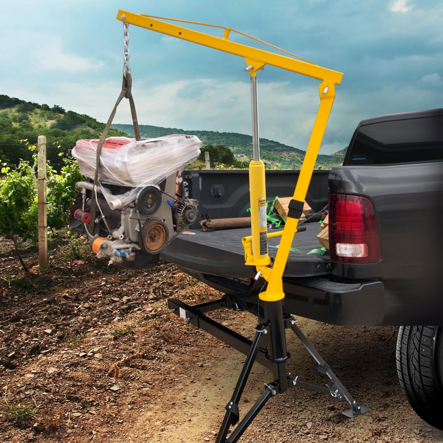 MaxxHaul 70238 Hydraulic Receiver Hitch Mounted Crane – 1000 lb. Capacity – Portable Swivel Pickup Truck Hoist with 360° Rotation and Adjustable Support Legs – Fits 2" Class III & IV Hitches
