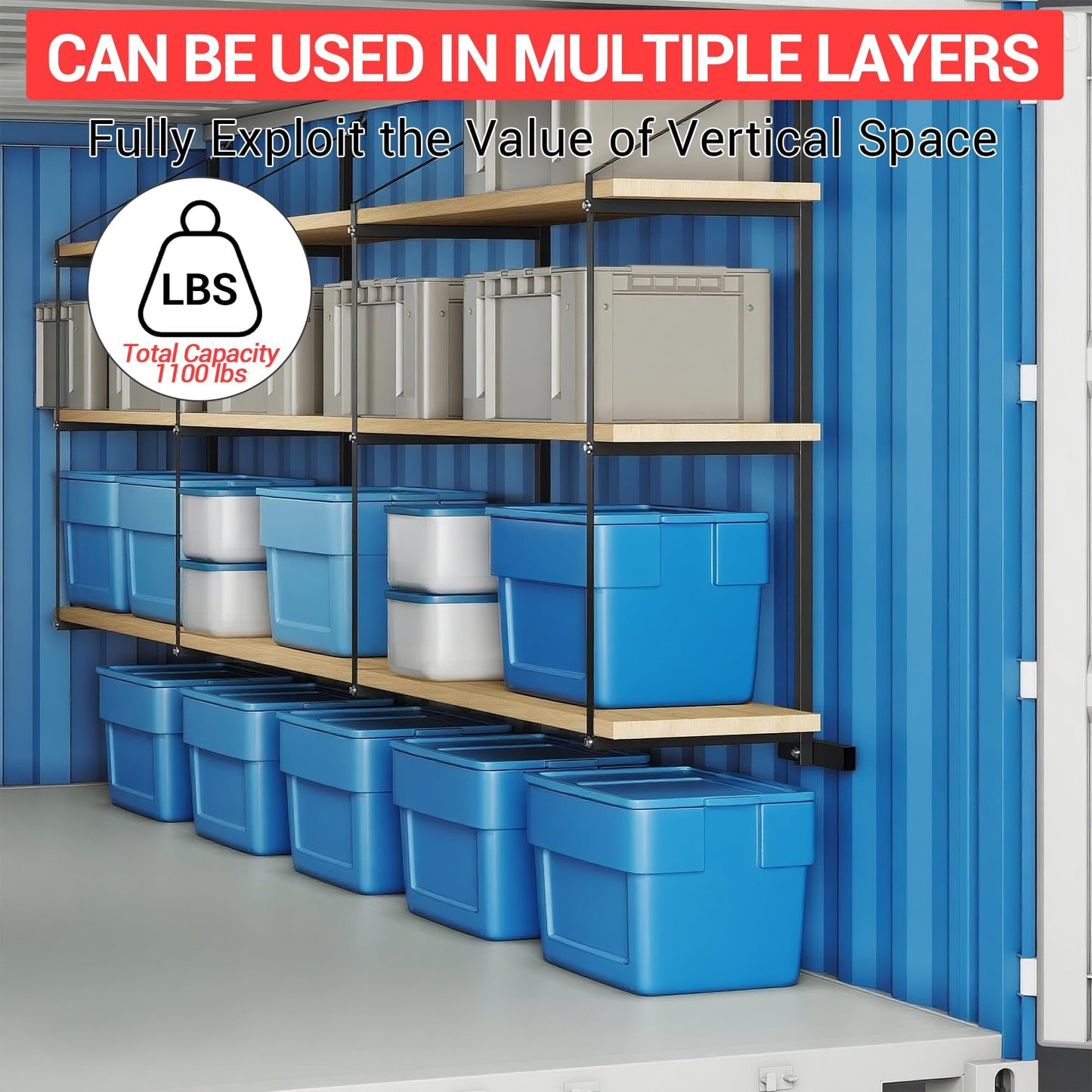 4 PCs Shipping Container Shelving Bracket, 22" D x 60" H, 3-Tier Powder Coated Steel Shelf Brackets, 1100 LBS Capacity, Quick Hang D Hook, for Cargo Storage, Warehouse, Garage, Heavy Duty