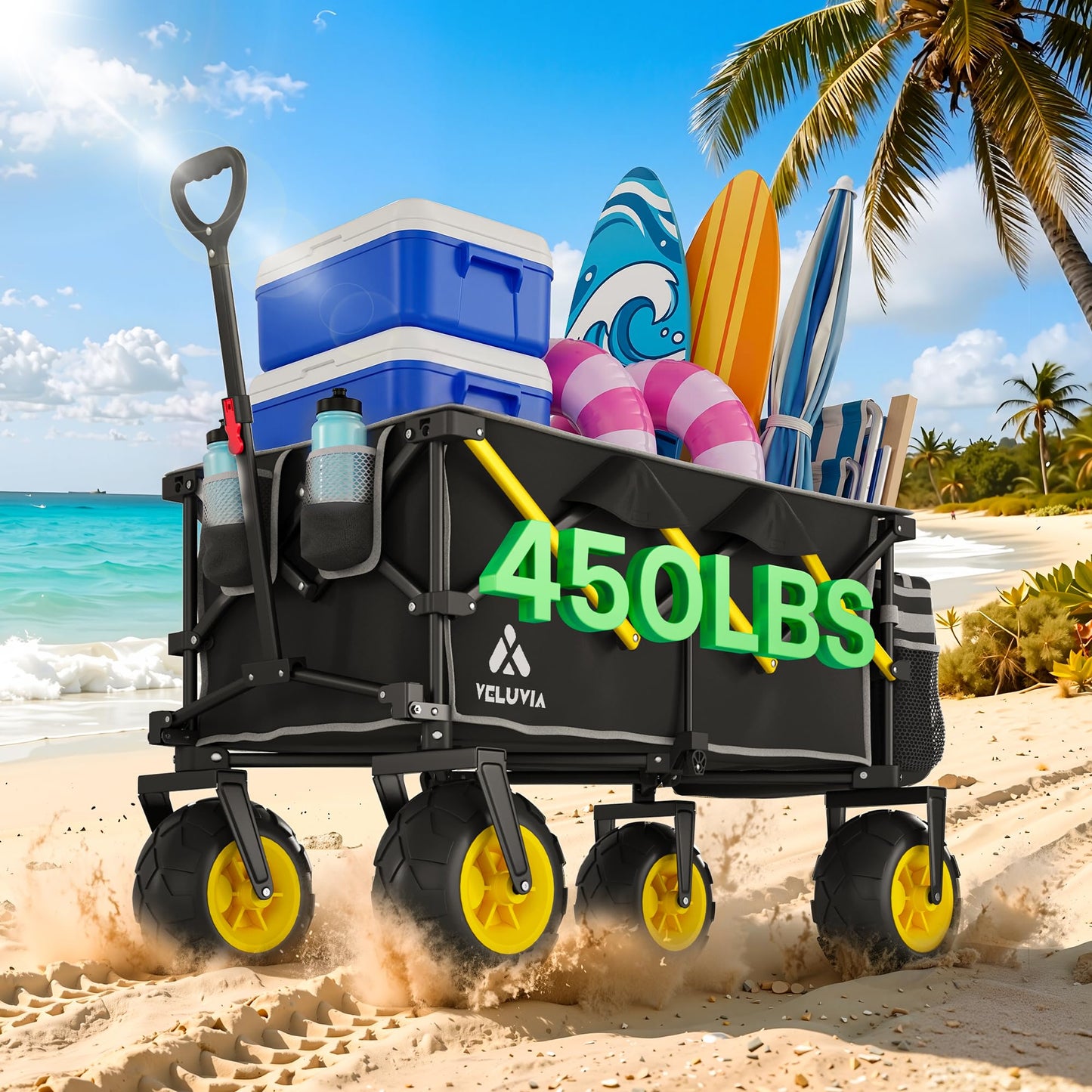 VELUVIA Beach Wagon with Balloon Wheels for Sand - 450LBS Heavy Duty Foldable All Terrain Wagon with 9" Balloon Tires- Collapsible Beach Dolly with Adjustable Handle & Cooler Bag for Beach - Black