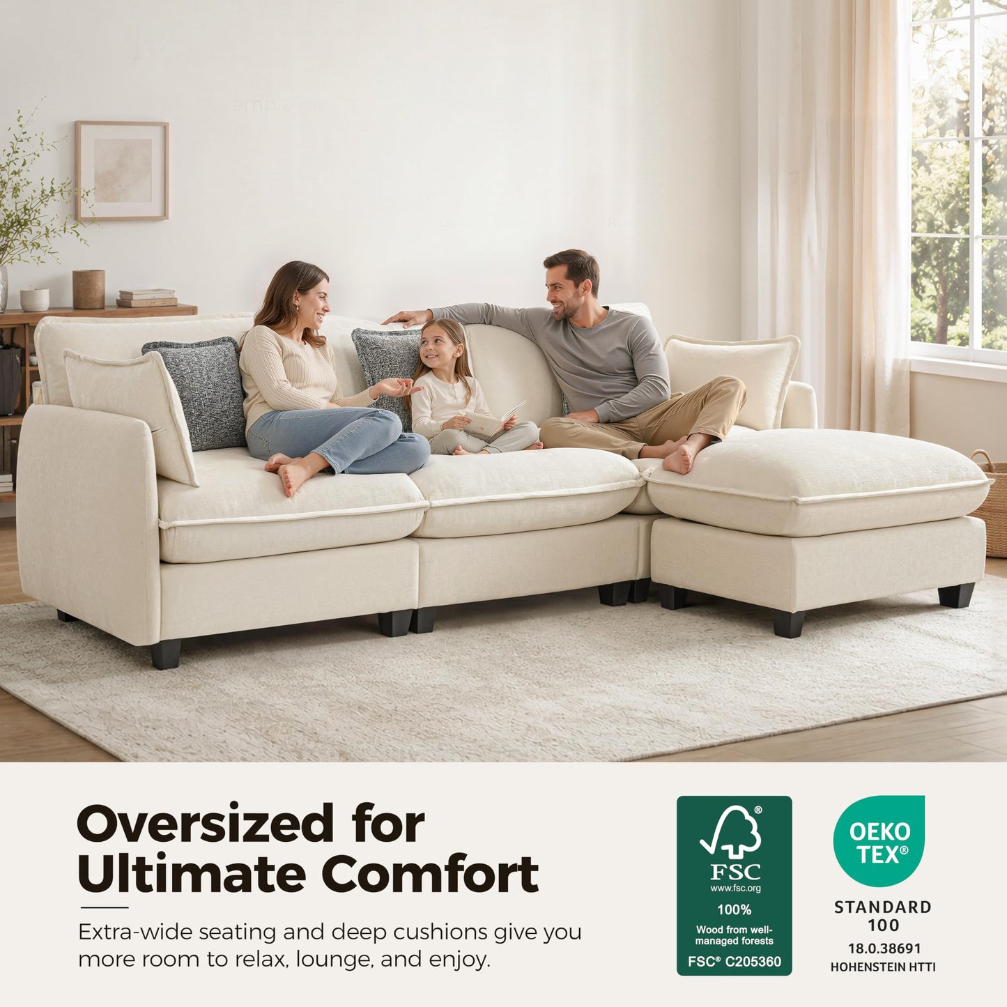 MCombo 117" Oversized Cloud Sectional Couch, Sectional Sofa with FSC Certified, L Shaped Couch with Ottoman for Living Room, Chenille S0701 (Beige)