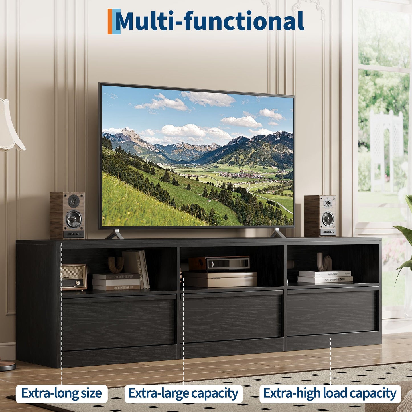 Garvee Mid Century Modern TV Stand for 65 70 75 in TVs, Industrial Entertainment Center with 3 Drawers & Open Shelves, Sturdy MDF for Living Room & Bedroom, Black