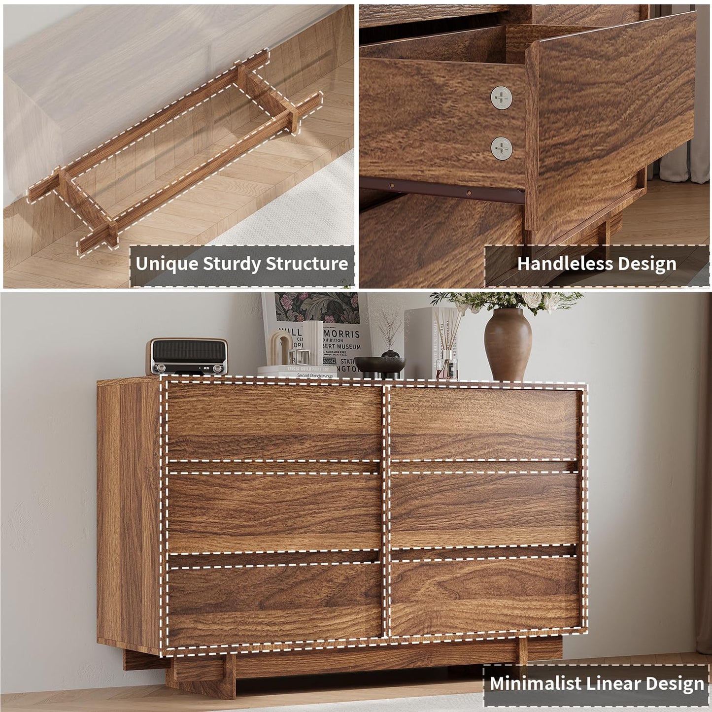 CHUWELL 47" Wide Dresser for Bedroom, Walnut Mid Century Modern Dressers with 6 Drawers, Adequate Capacity Storage,Closet Clothes Organizer for Bedroom