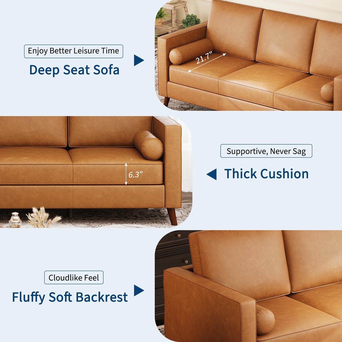 PeacefulHues 81" Leather Sofa, Mid-Century Modern Deep Seat Couch, PU Leather Couch, 3-Seat Sofa for Living Room, Office, Cognac Tan