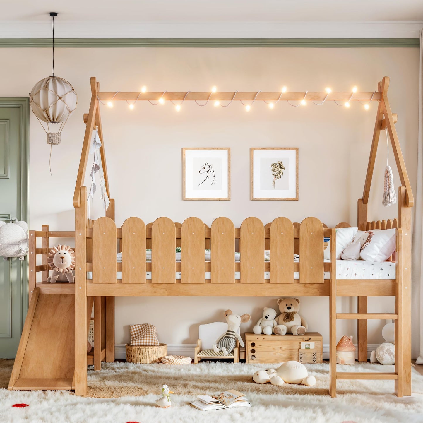 KEIKI Full Size Wooden House-Shaped Loft Bed Frame with Stairs & Ladders & Storage Shelves, for Girls and Boys, Low Loft Bed with Round Shape Guardrails & Slats, Easy Assembly, for Bedroom, Natural