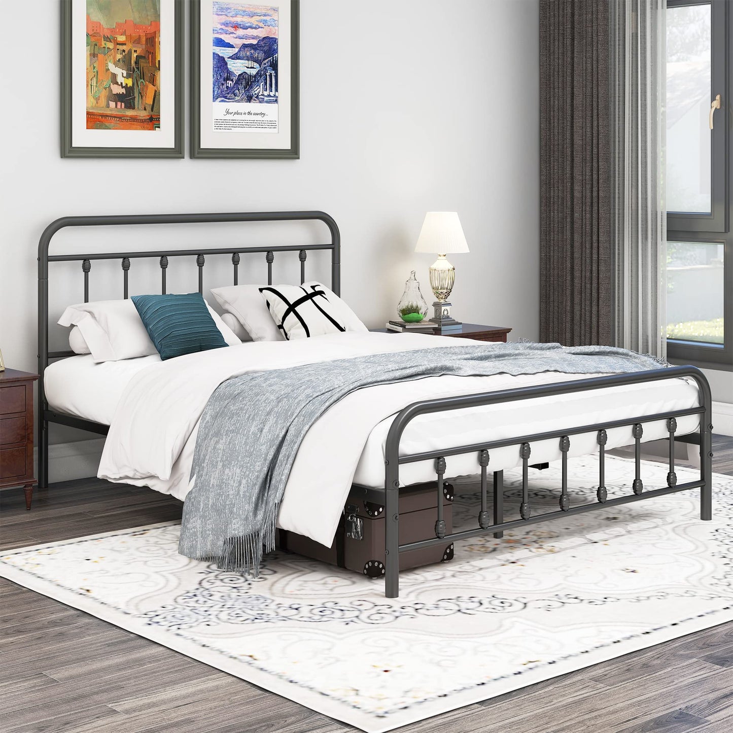 DUMEE Metal Queen Bed Frame with Headboard and Footboard Farmhouse Platform Bed Frame Queen Size Under Bed Storage No Box Spring Needed, Textured Black