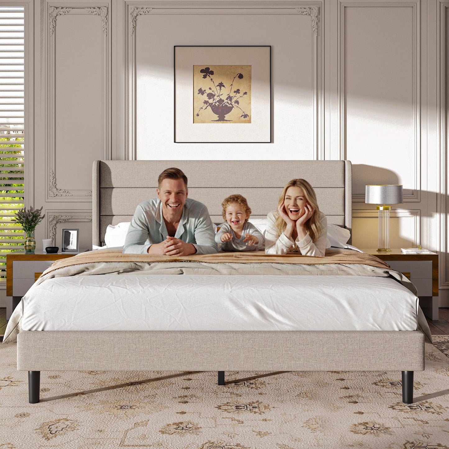 Mxhtcewz Queen Size Upholstered Platform Bed Frame, Modern Linen Fabric Bed with Wingback Headboard, Sturdy No Wobble, Noise-Free & Easy Assembly, No Box Spring Needed, Beige
