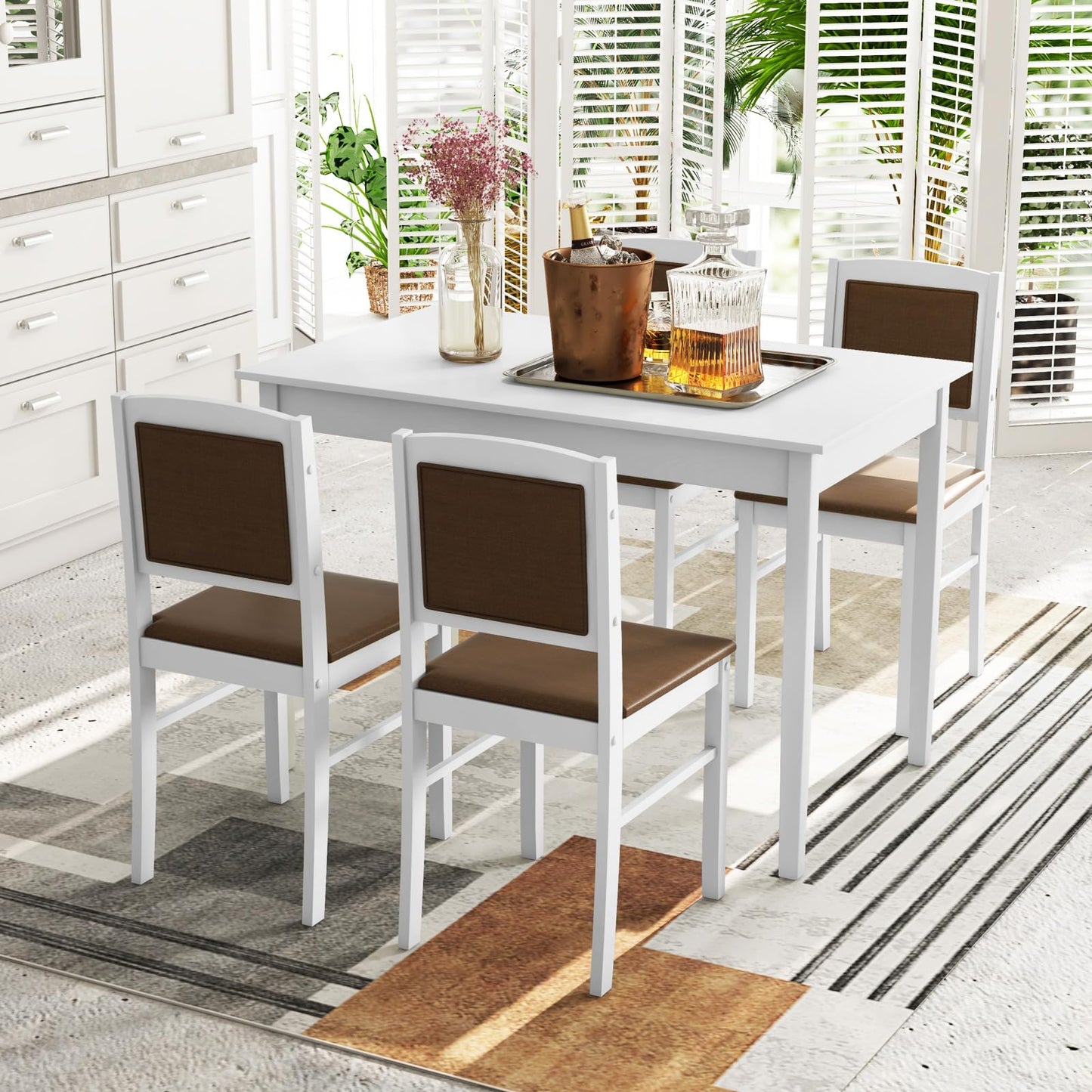 Giantex 5-Piece Dining Table Set for 4, Wooden Kitchen Table and Chairs with Solid Rubber Wood Legs, Padded Seat & Backrest, Space Saving Dinette Set for Home Dining Living Room, Breakfast Nook