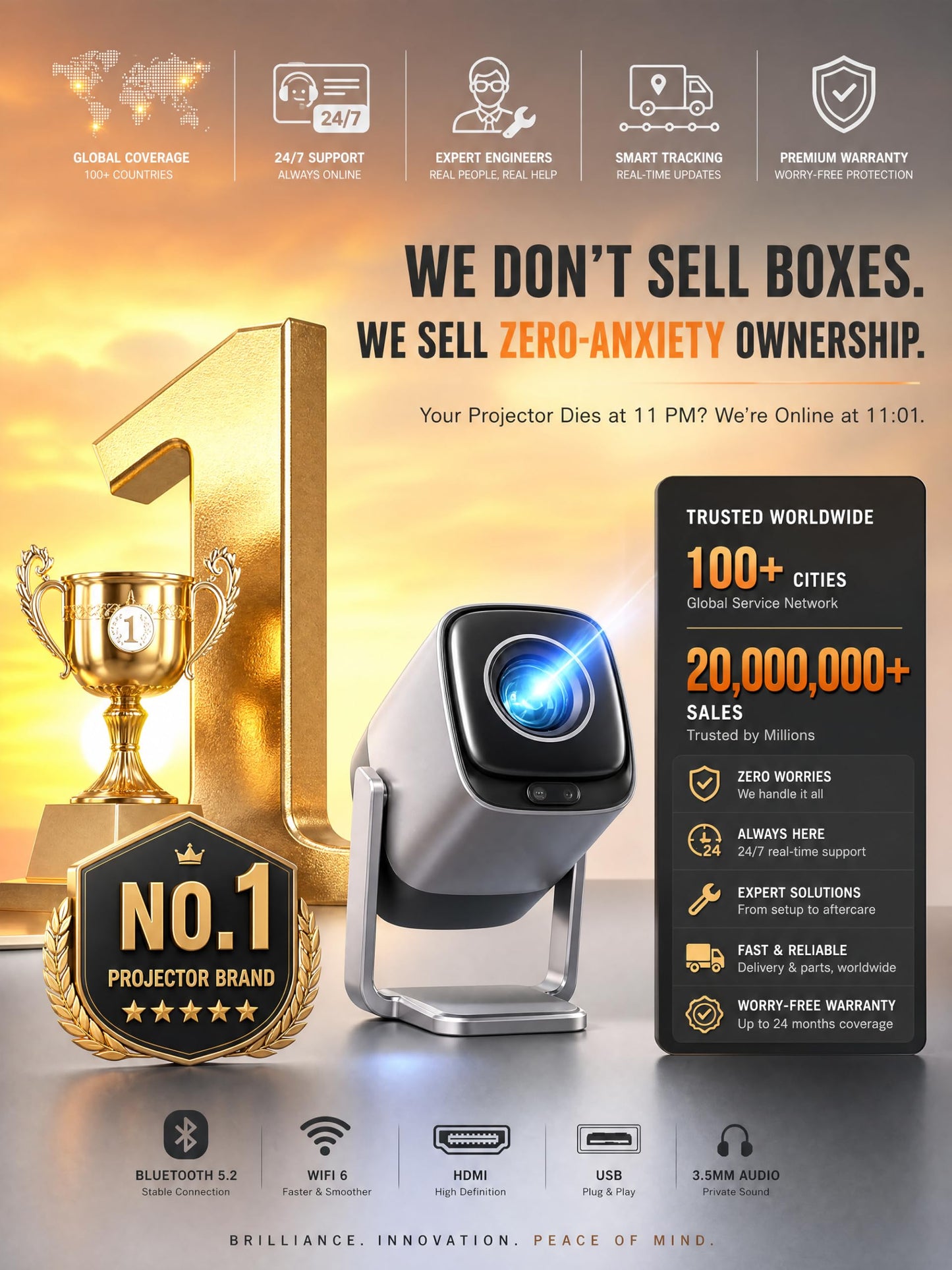 [Compatible with Netflix & TOF Real-time Focus] Mini Projector with WiFi and Bluetooth, XuanPad Silver Smart Projector 4K Support, Dolby Audio & Keystone, 210° Rotatable Stand for Home