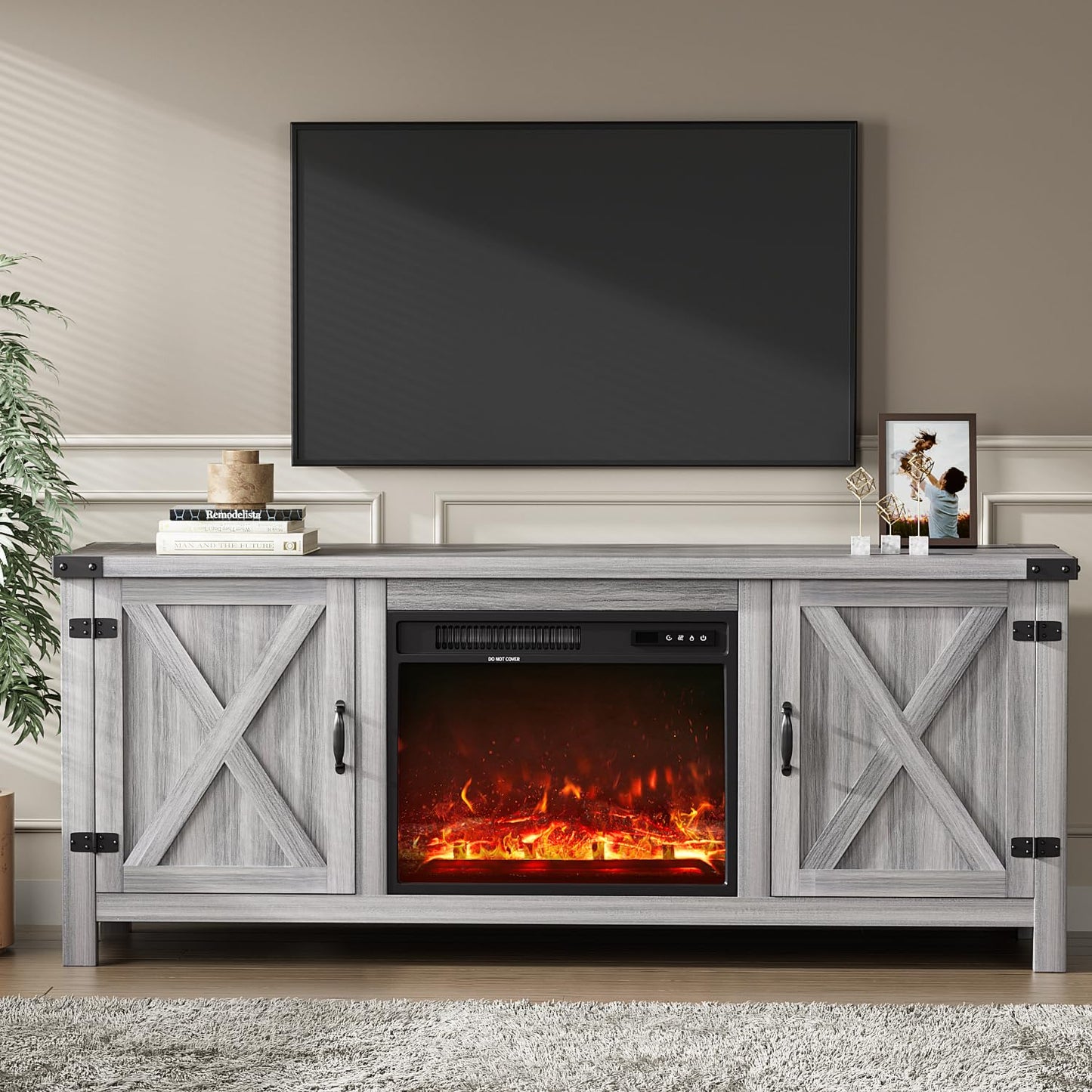 YESHOMY Fireplace TV Stand with Two Barn Doors and Storage Cabinets for Televisions up to 65+ Inch, Entertainment Center Console Table, Media Furniture for Living Room, 58 Inch, Gray