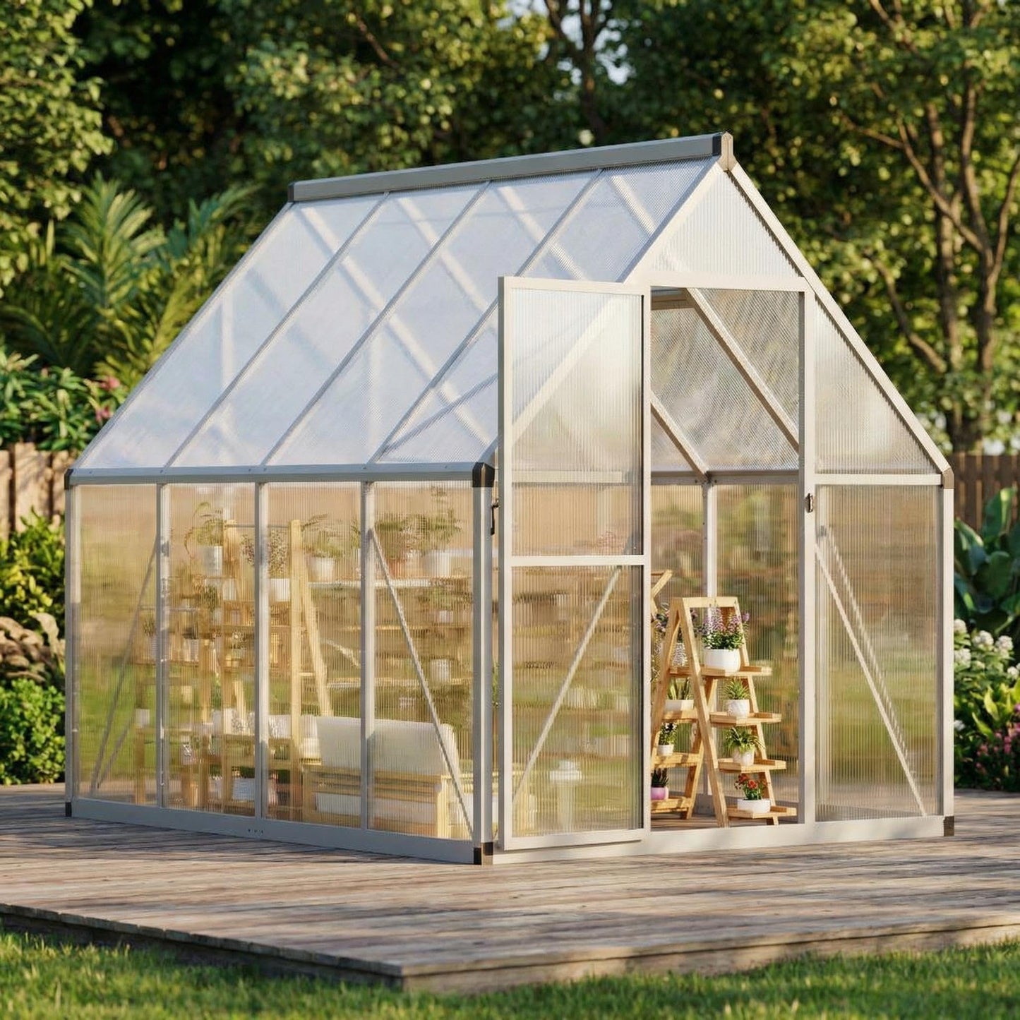 CABIHOME 8x12 FT Outdoor Greenhouse, Polycarbonate Greenhouse with Roof Vent and Ground Nails, Aluminum Large Walk-in Green House w/ Lockable Push Door for Outdoor Garden (Silver - 1, 6x7 FT)