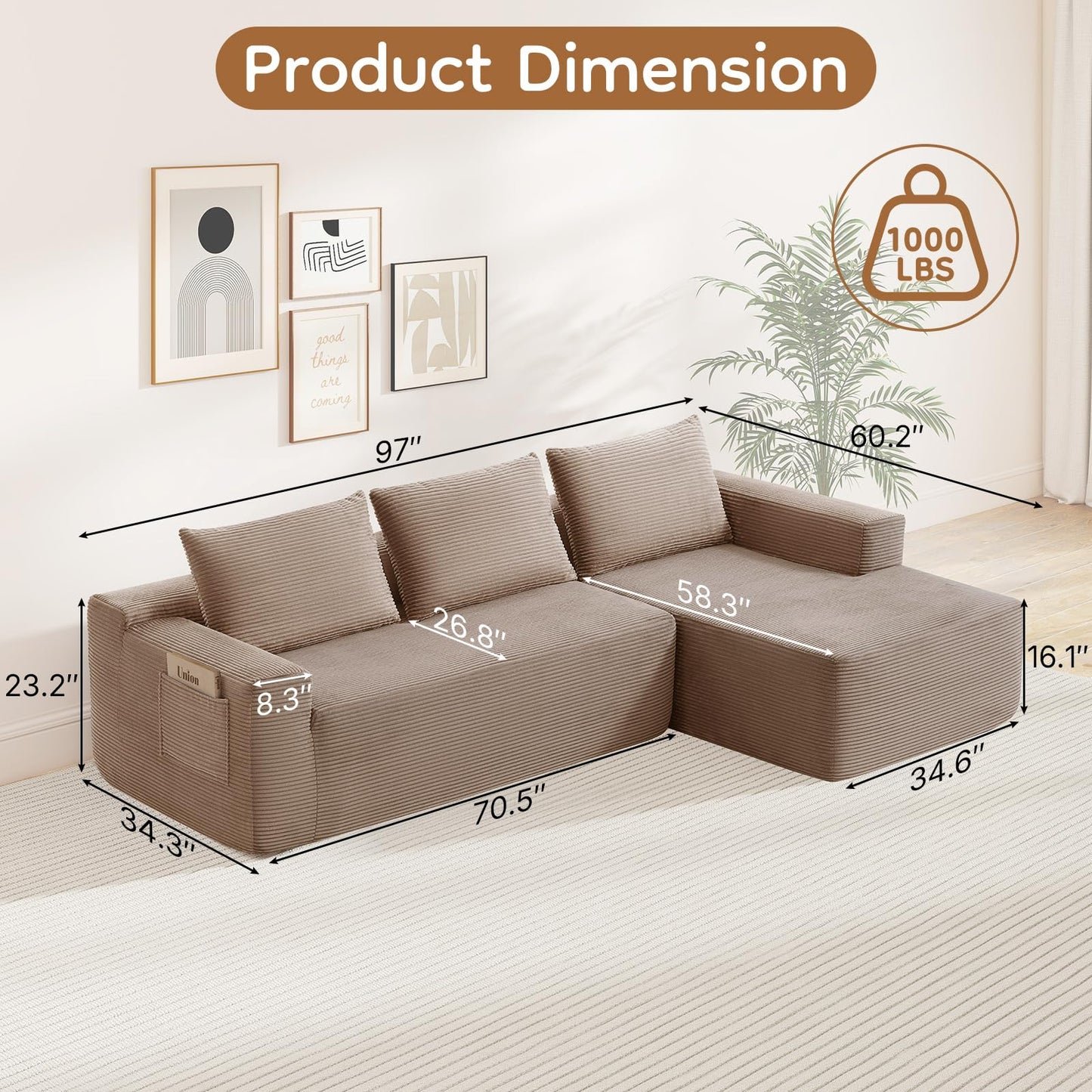 Skepphlay 97" L Shaped Boneless Couches fo Living Room, Modular Sectional Sofa, Camel Corduroy Compression Couches for Small Spaces, No Assembly Required (Right Facing Chaise)