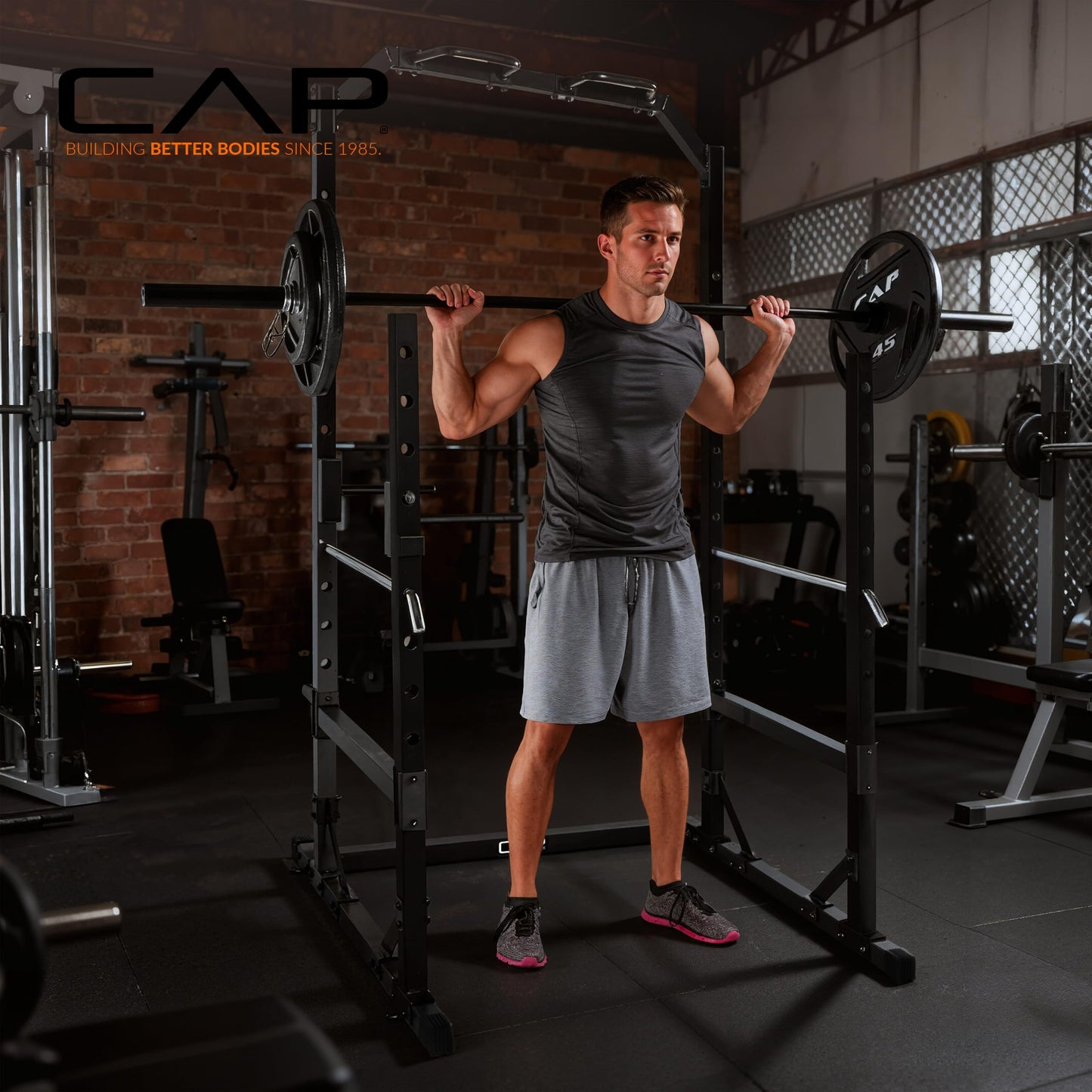 CAP Barbell Multi-Use Power Rack – Heavy-Duty Power Cage with Pull-Up Bar, Dip Handles, and J-Cup Catches – Strength Training Gym Rack for Home or Garage Gym | Orange