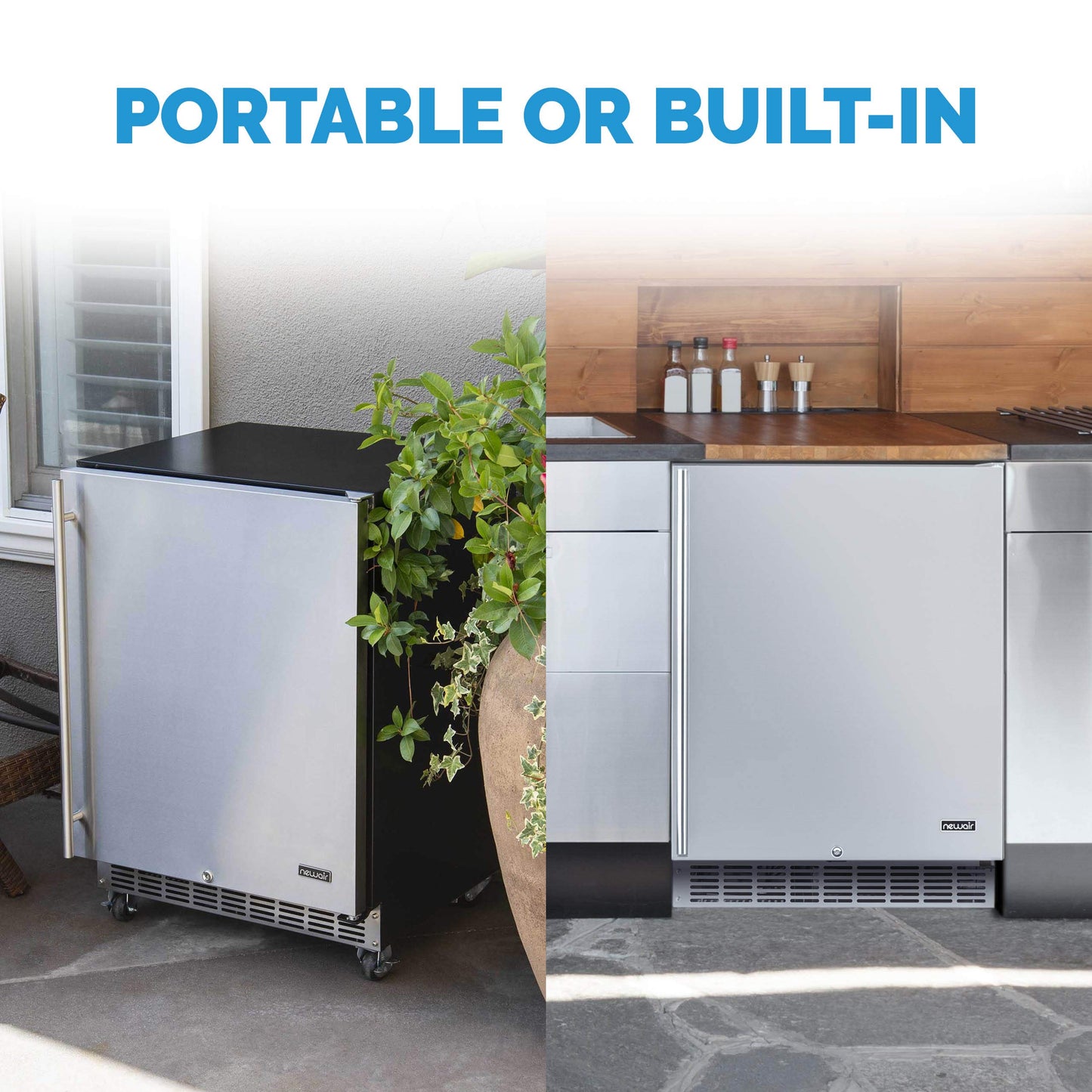 NewAir 24” Outdoor Beverage Fridge | Freestanding or Built-In Under counter Refrigerator for Outside Patio | Weatherproof Outdoor Fridge for 160 Cans with Auto-Closing Door | Stainless Steel