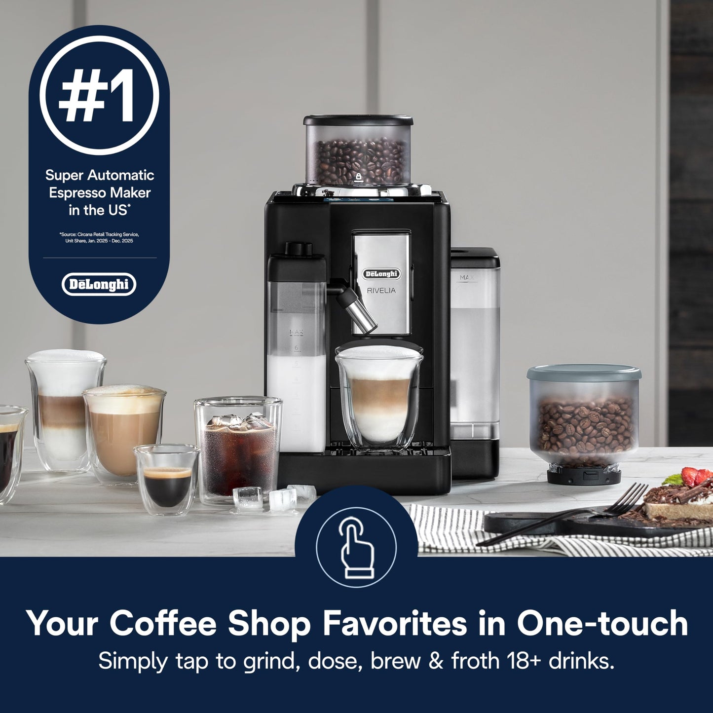 De'Longhi Rivelia Automatic Espresso Machine with Grinder & Milk Frother – All-in-One Coffee Maker, Hot & Iced Latte, Cappuccino, Bean Switch System, Burr Grinder, Compact Italian Design, Black
