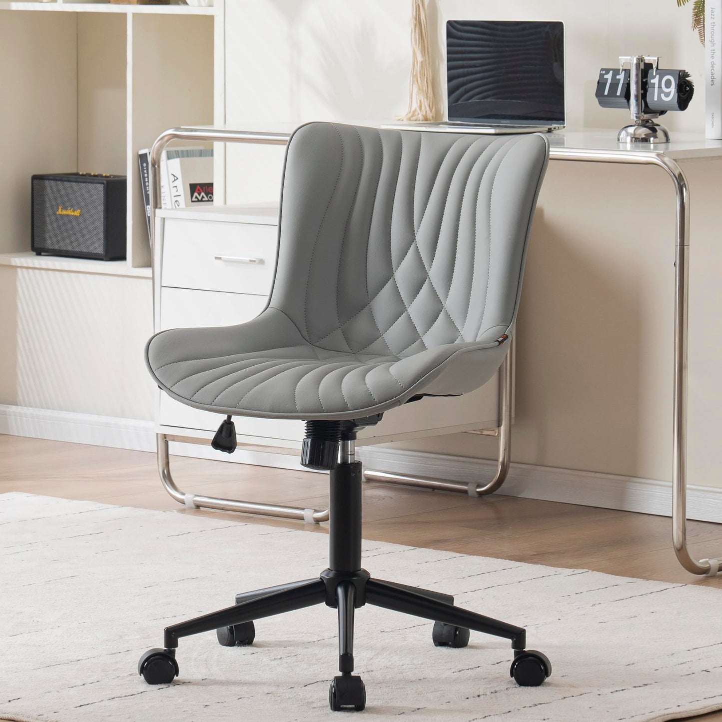 YOUNIKE Office Chair, Armless Desk Chair with Wheels, Adjustable Swivel Rolling Home Office Computer Task Chairs, Modern Faux Leather Upholstered Vanity Chair, Grey