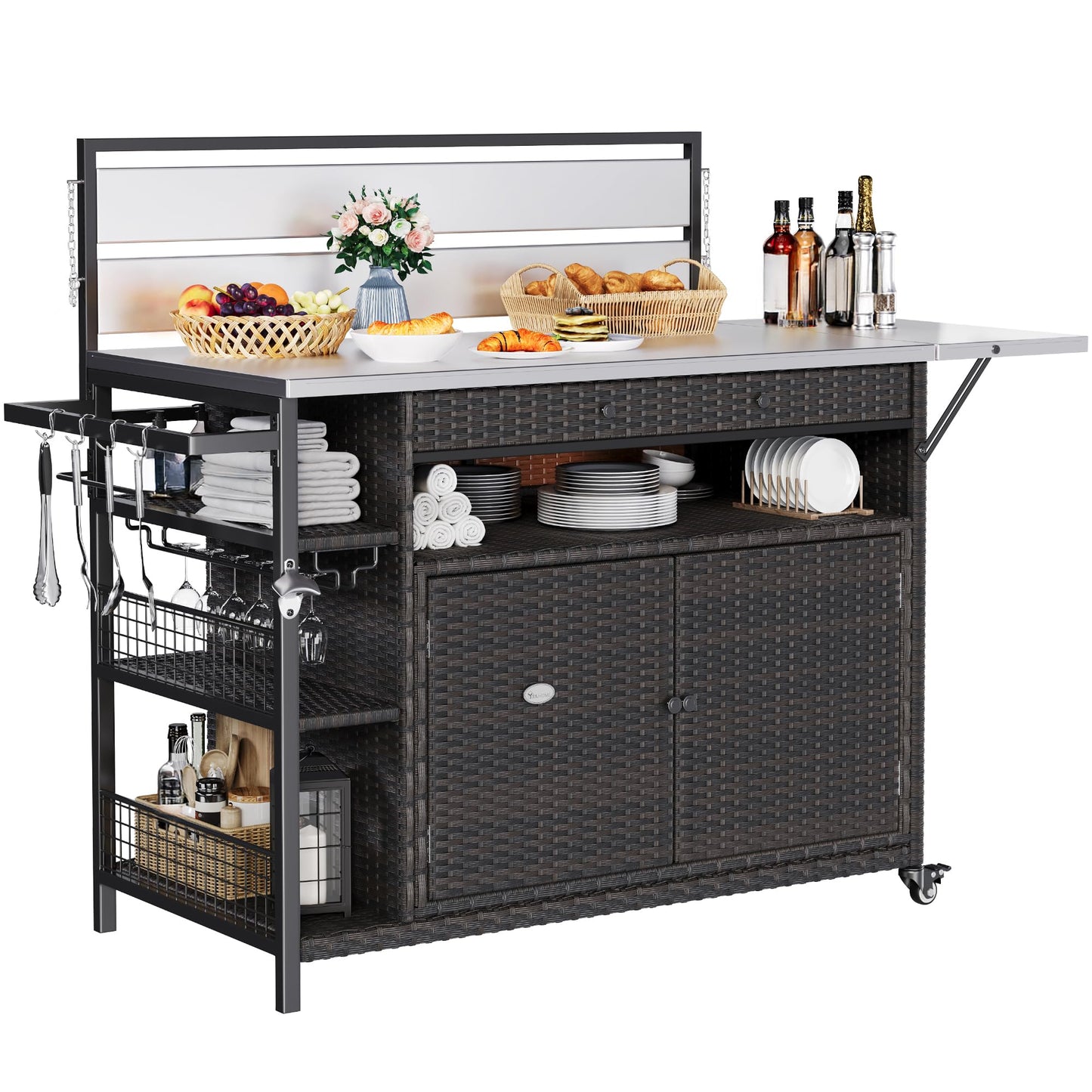 YITAHOME XL Outdoor Kitchen Wicker Island Rolling Cart & Storage Cabinet, Wheels and Stainless Steel Extended Table Top, Side Handle for Patio Kitchen or Bar Cart, Dark Brown