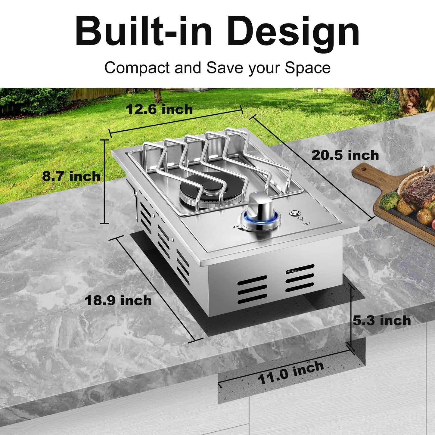 Single Grilling Side Burners for Outdoor Grill, 15,000BTU Natural Gas Side Burner, Sturdy 304 Stainless Steel, with Liquid Propane Kit, Drop-in Side Burner for Outdoor Kitchen BBQ Island