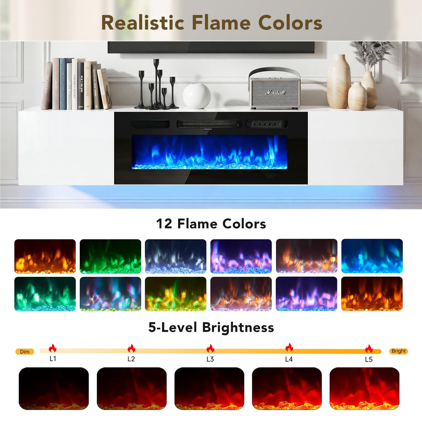 OneBlis 70" Floating TV Stand, Wall-Mounted Entertainment Center with 36" Electric Fireplace, Fits TVs Up to 80 Inches, Media Console with LED Lights for Living Room, White+Black
