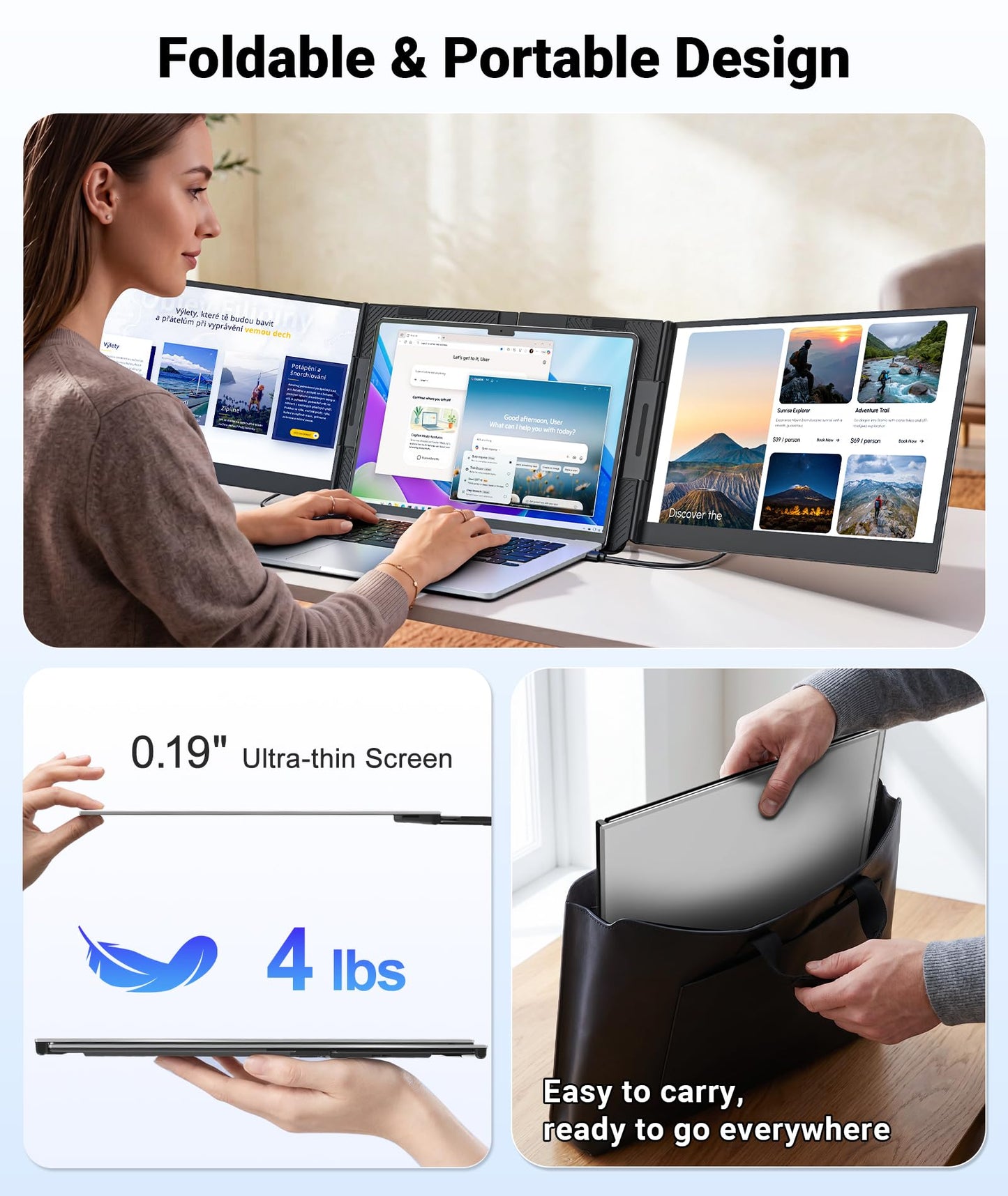 Synnov 15.6“ Laptop Screen Extender, 1080P FHD Ultra Light & Portable Triple Monitor for Laptops, Fit for 12"-17.3" Laptops, Plug & Play Travel Monitor Extender Compatible with Wins/MacOS/Chrome