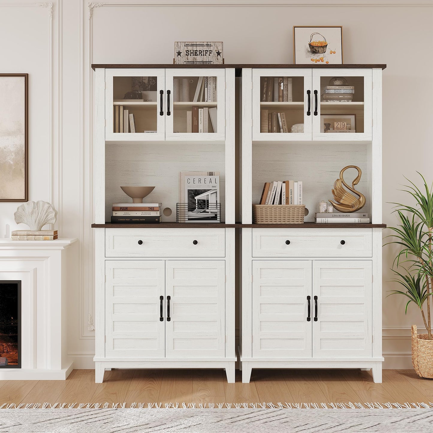 GarveeHome 72" Kitchen Pantry Storage Cabinet, Kitchen Hutch Cabinet with Storage, Microwave Stand with Drawers & Glass Doors, Pantry cabinets for Kitchen, Dining Room, Living Room, Light White