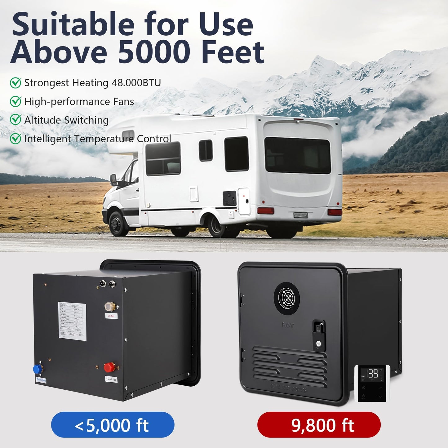 Garvee RV Tankless Water Heater, 48,000BTU RV Instant Water Heater with Remote Controller,15x15 in Door＆Front Water Outlet,Propane Gas, DC 12V, Compatible with All RVs