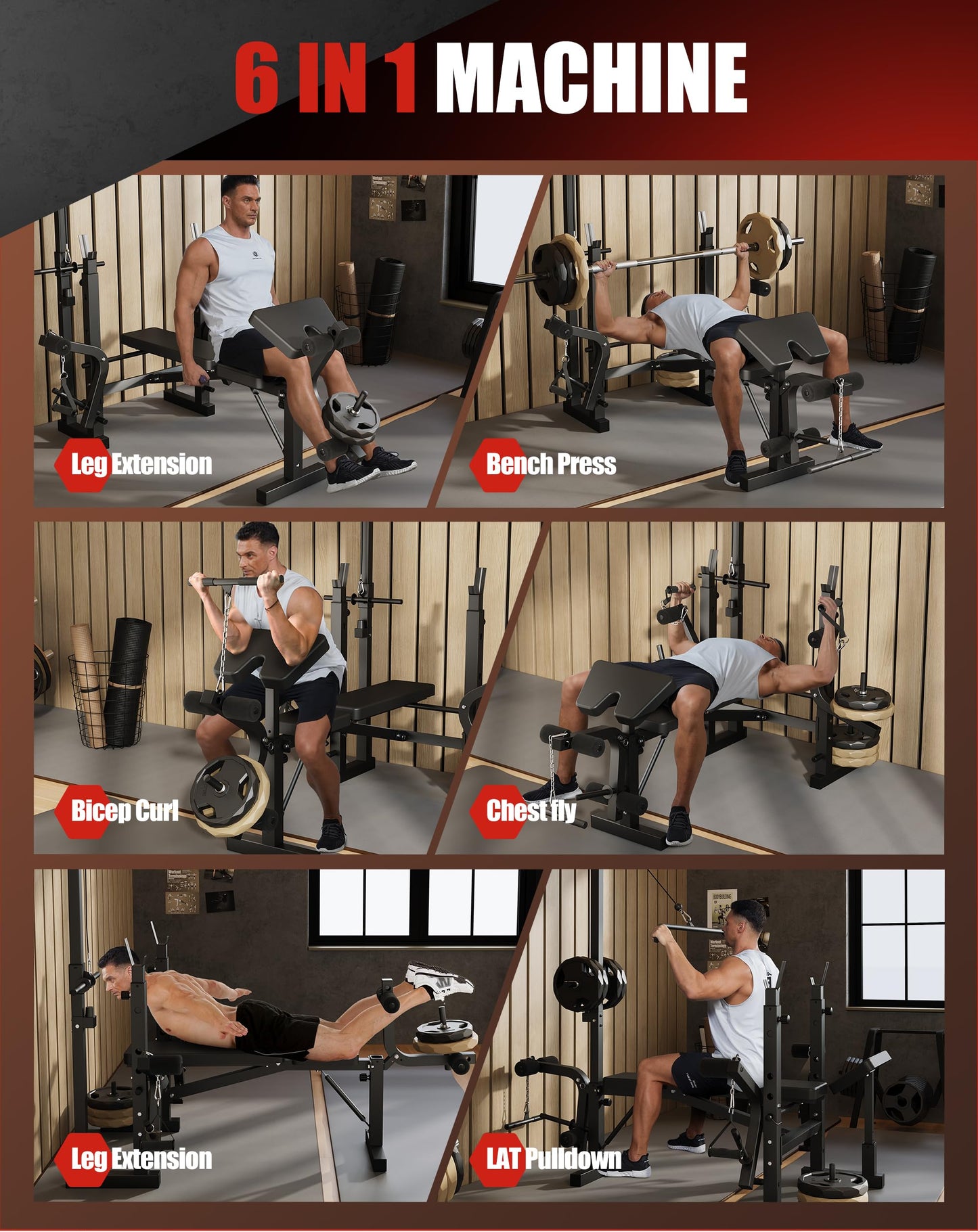 7-in-1 Weight Bench Set with Adjustable Rack, 900LBS Foldable Bench Press Set with Leg Extension/Curl for Strength Training, Multi-Function Workout Bench with Preacher Curl Pad for Home Gym