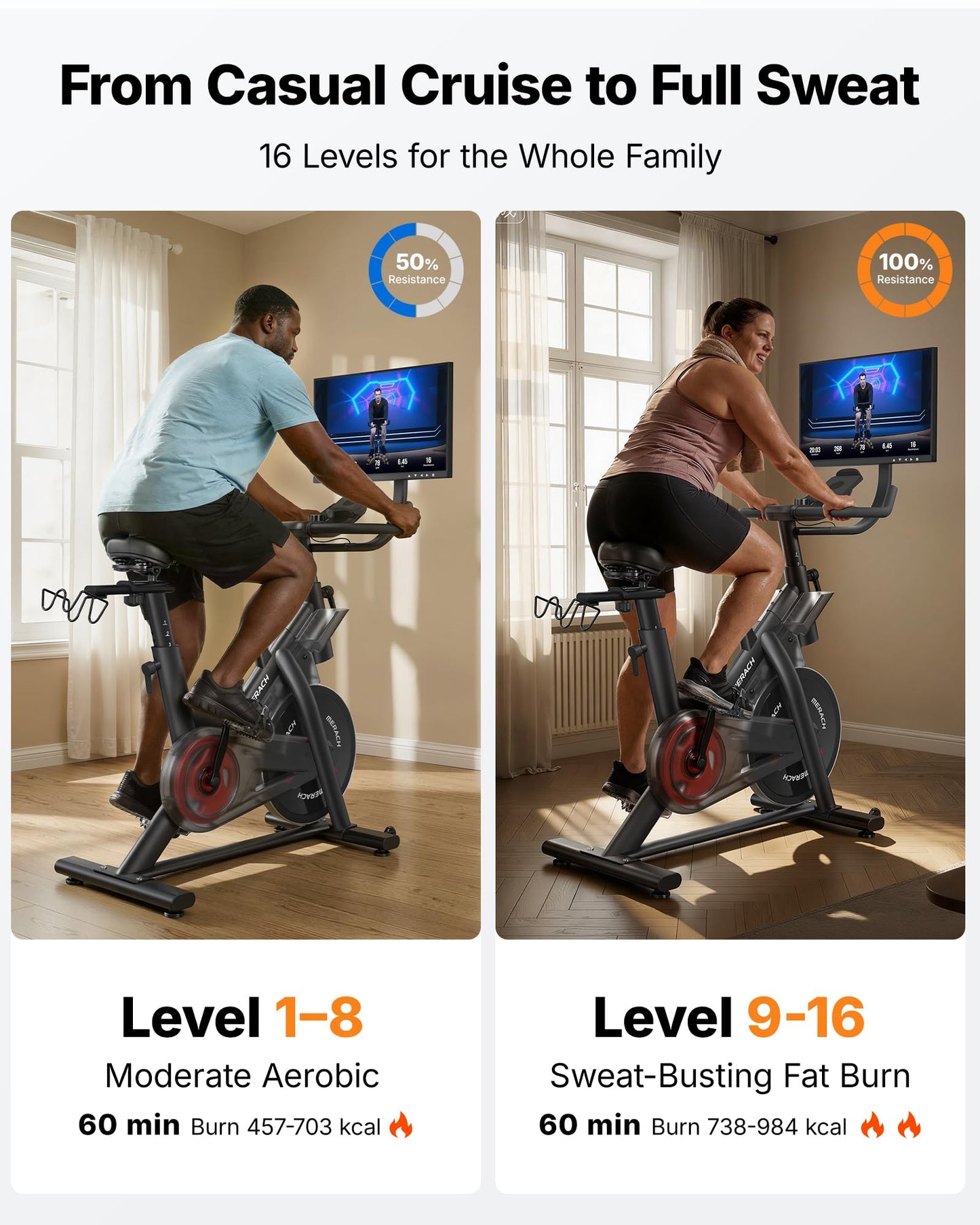 Merach Magnetic Exercise Bike for Home Gym, Low Noise Stationary Bike with Soft Seat Cushion, Indoor Workout Bike with 350 lbs Weight Capacity, Spinning Bike with Self-Developed App, Tablet Mount