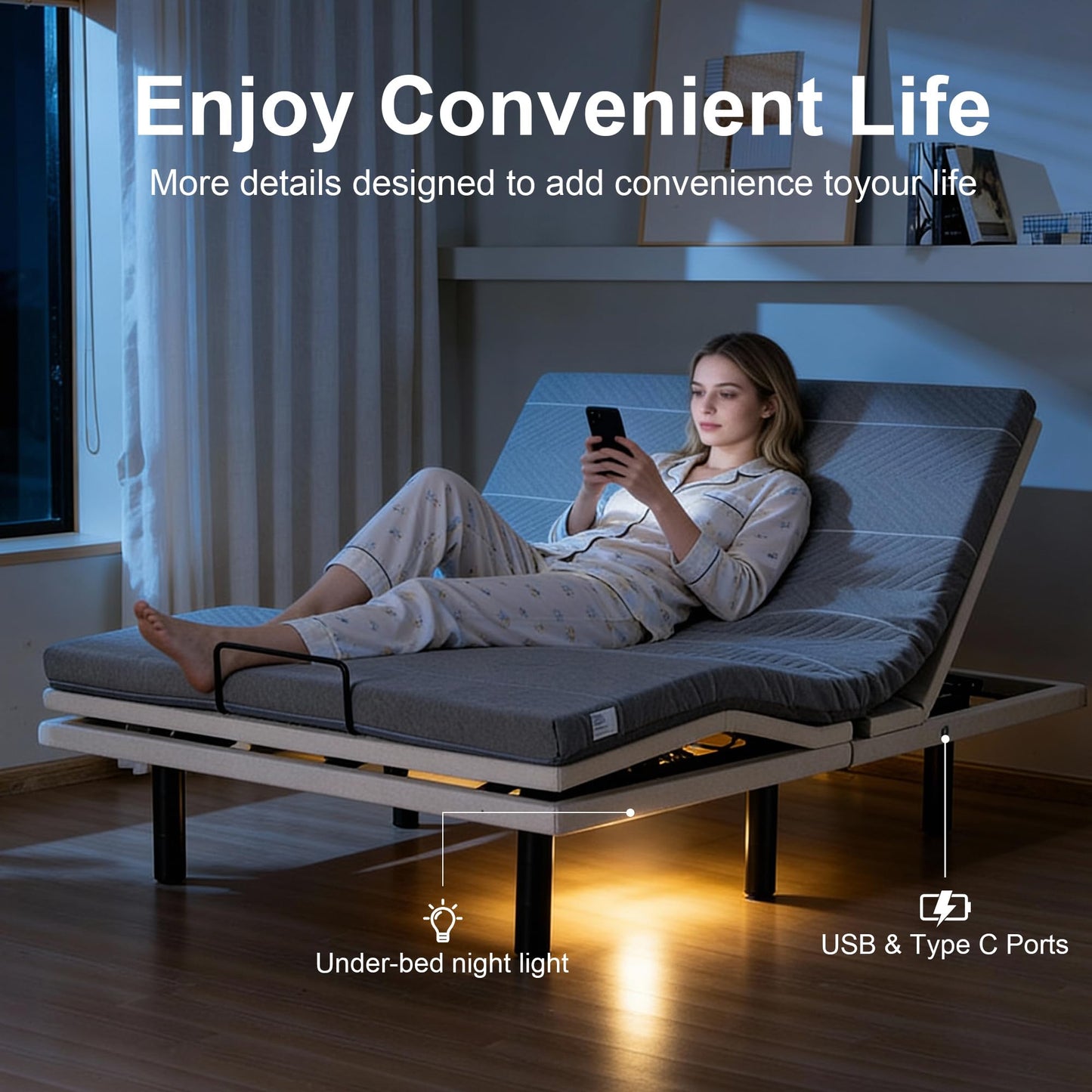 Froman Full Adjustable Bed Frame, Adjustable Bed Base with Massage, Wireless Remote, Lumber Support, Zero Gravity, Head & Foot Incline, Head Top Pillow Tilt, USB Ports, Nightlight, Anti-Snore