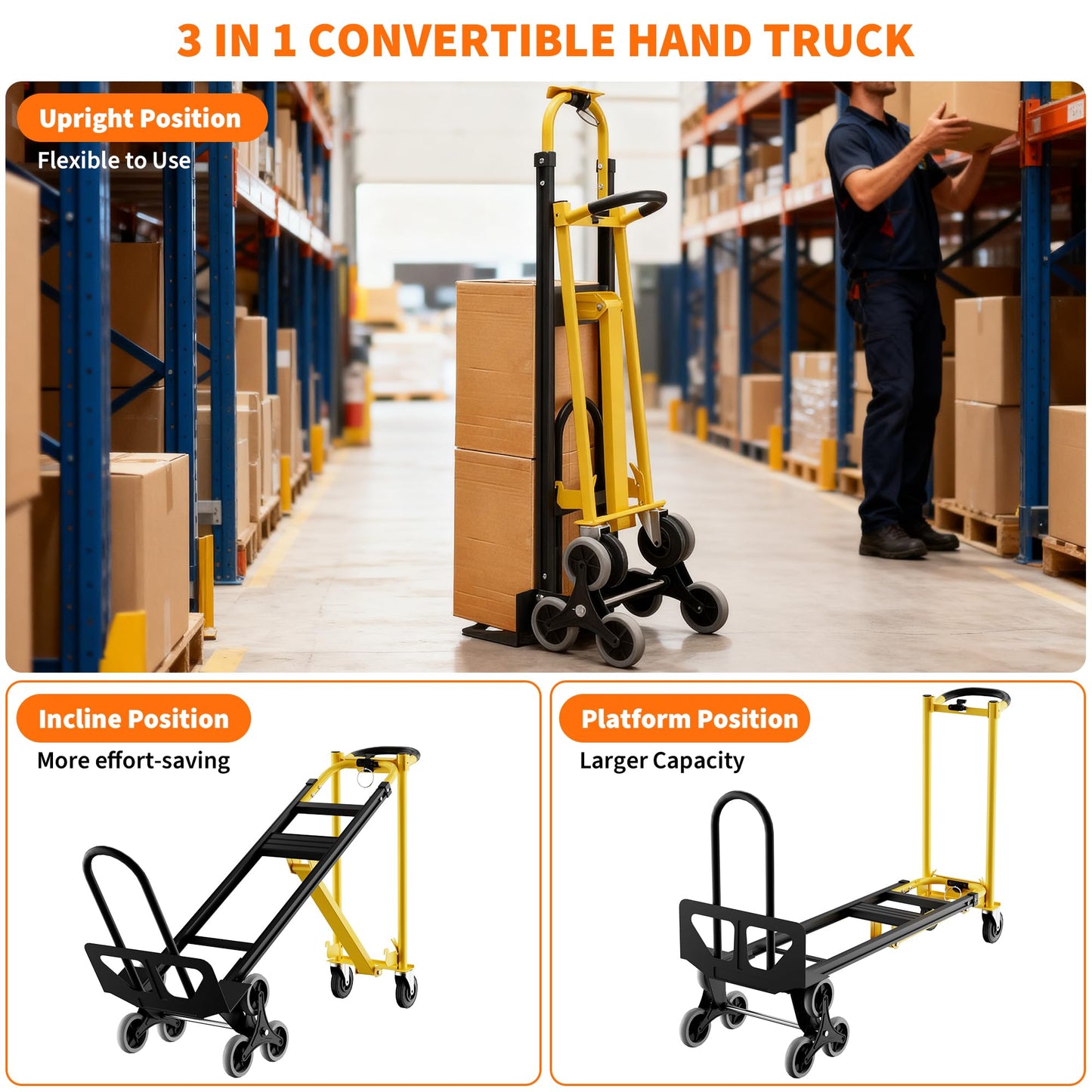 Heavy Duty Aluminum Hand Truck, 3-in-1 Convertible Folding Dolly Cart, Stair Climbing Hand Truck with Wheels, Industrial Platform Trolley for Warehouse, Home, Office & Transport Moving