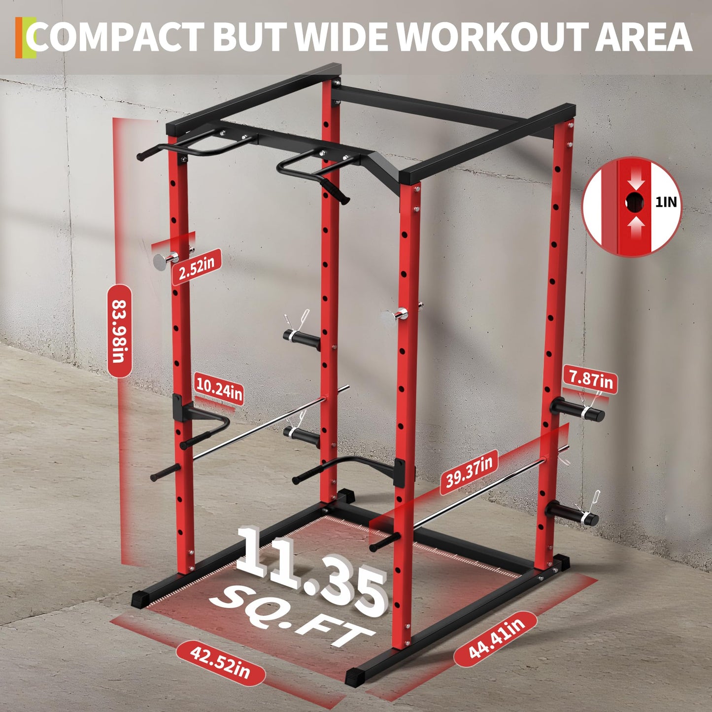GarveeLife Power Cage Squat Rack for Home Gym, 1100 LB Capacity Power Rack with Pull-Up Bar, Dip Bars, & Adjustable Safety Bars, Strength Training for Home Gym, Red
