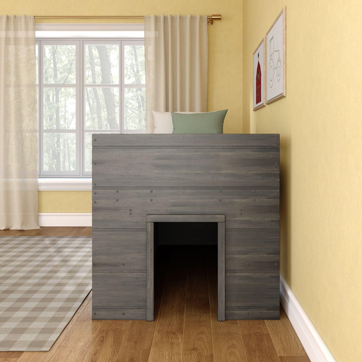 Max & Lily Modern Farmhouse Low Loft Bed, Twin Bed Frame for Kids with 2 Bookcases, Driftwood