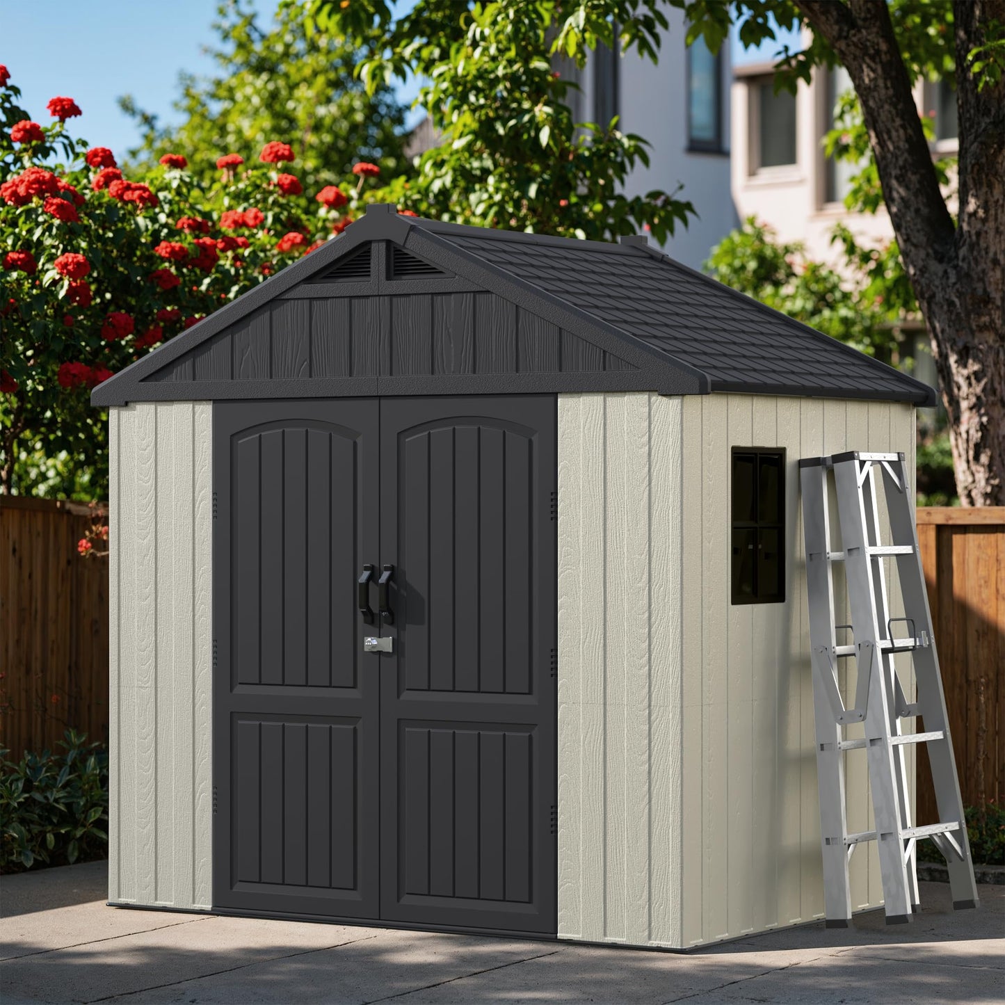 Greesum 8×6 FT Plastic Outdoor Storage Shed with Floor, Resin Sheds with Window and Lockable Door, Weather Resistant, Easy Assemble for Garden, Lawn, Pool Supplies, Beige